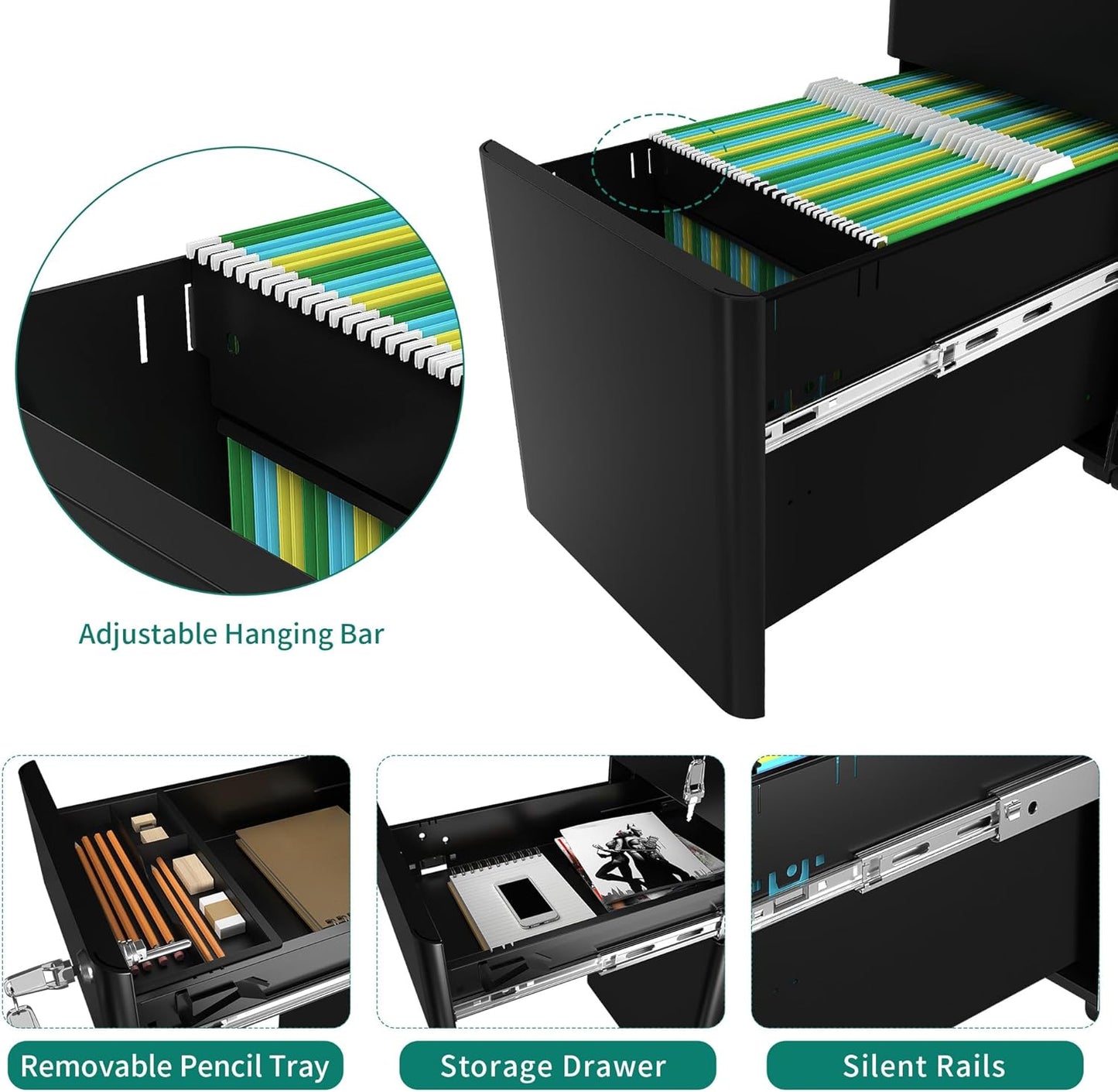 YITAHOME 3-Drawer Metal Filing Cabinet Office Drawers with Keys, Compact Slim Portable File Cabinet, Pre-Built Office Storage Solution for A4/Letter/Legal, Black