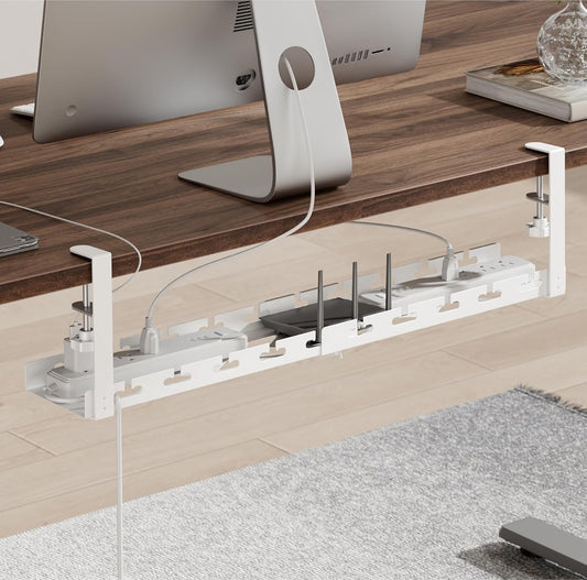 ARES WING 17"-28.7" Extendable Under Desk Cable Management Tray with Cable Slots, Clamp On Cord Organizer Holds Up to 11 lbs, White Metal Under Desk Storage for Office and Gaming Accessories