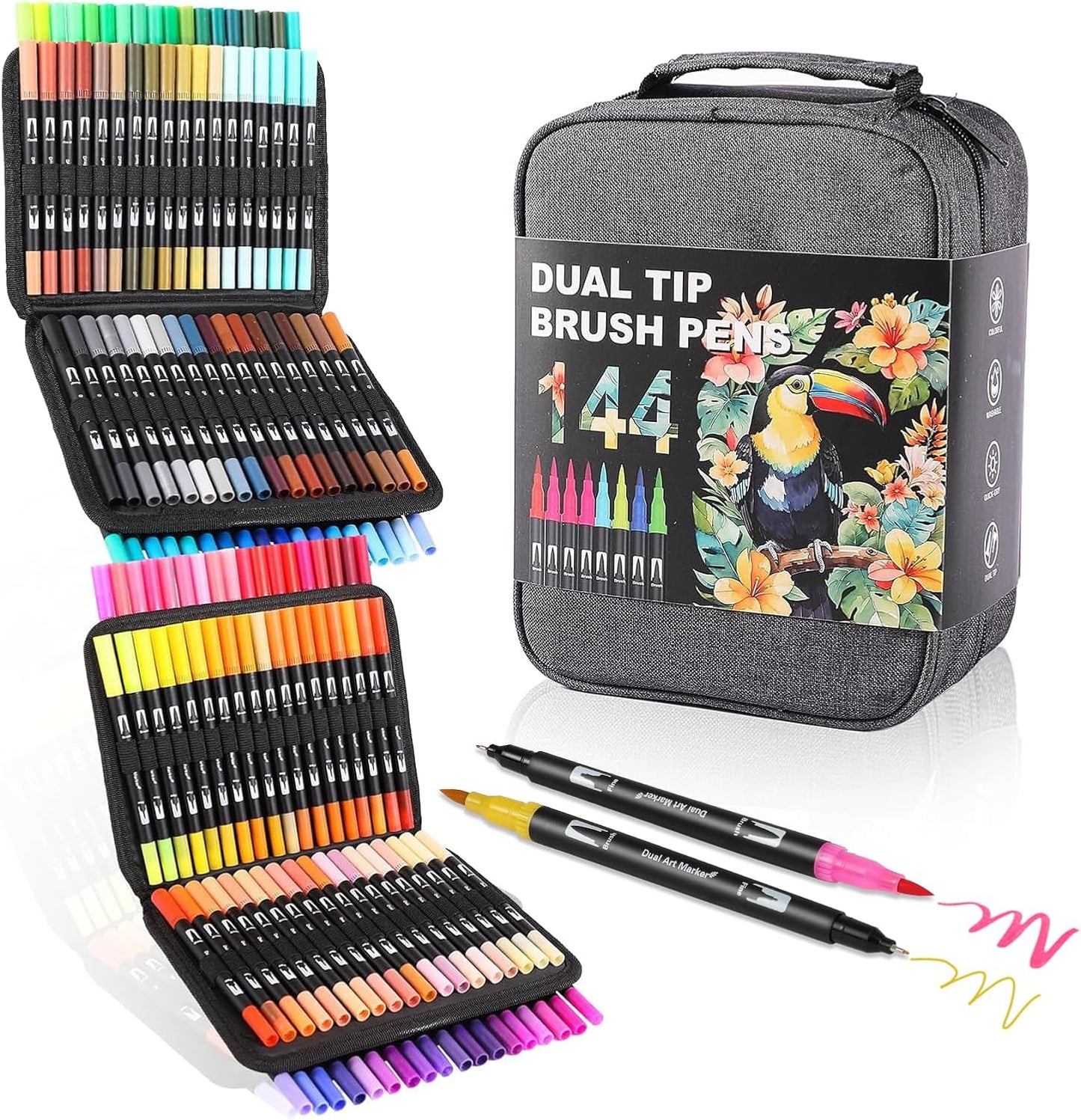 Double Brush Marker Pens, 144 Colors Art Markers Set with Fine Tip and Brush Tip for Kids Adult Coloring Book Hand Lettering Calligraphy Drawing Art Supplies Kit