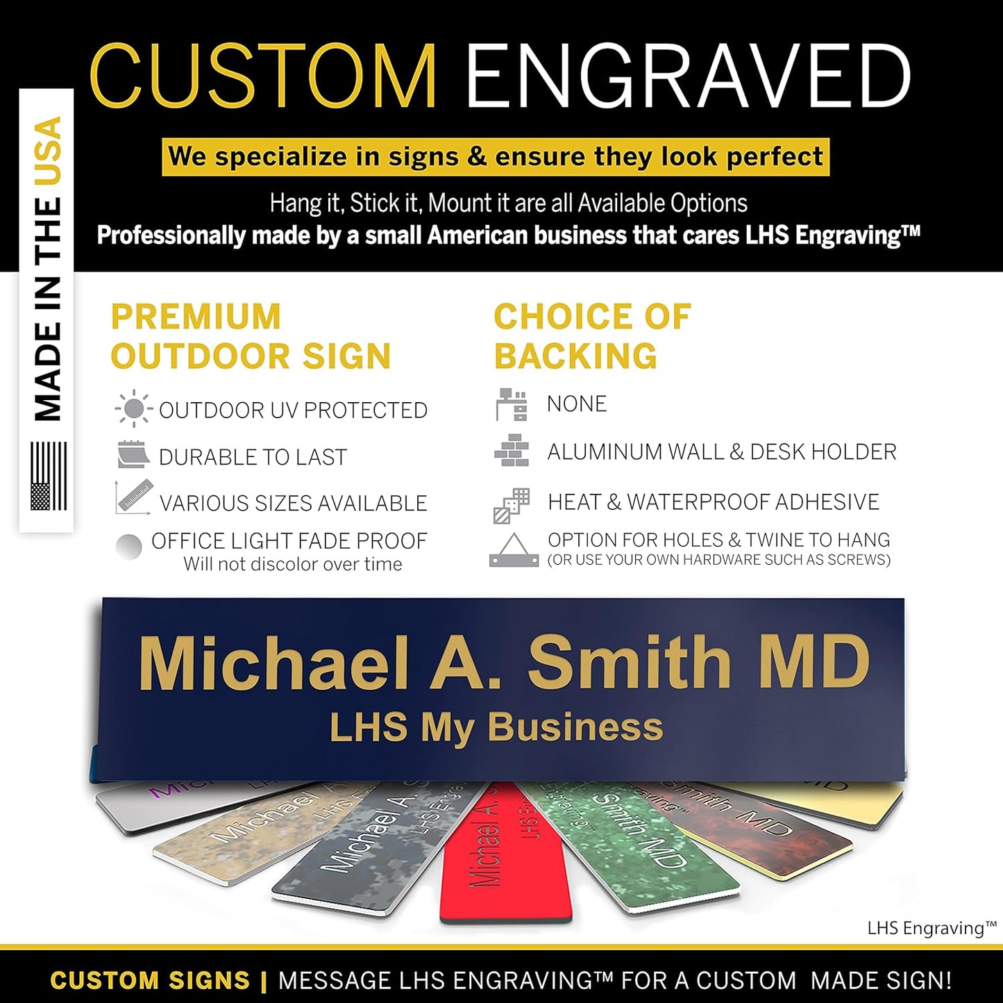 Engraved Custom Door Plate Navy Blue Plastic Office Door Sign with Gold Letters - Made in USA 2x12 B10