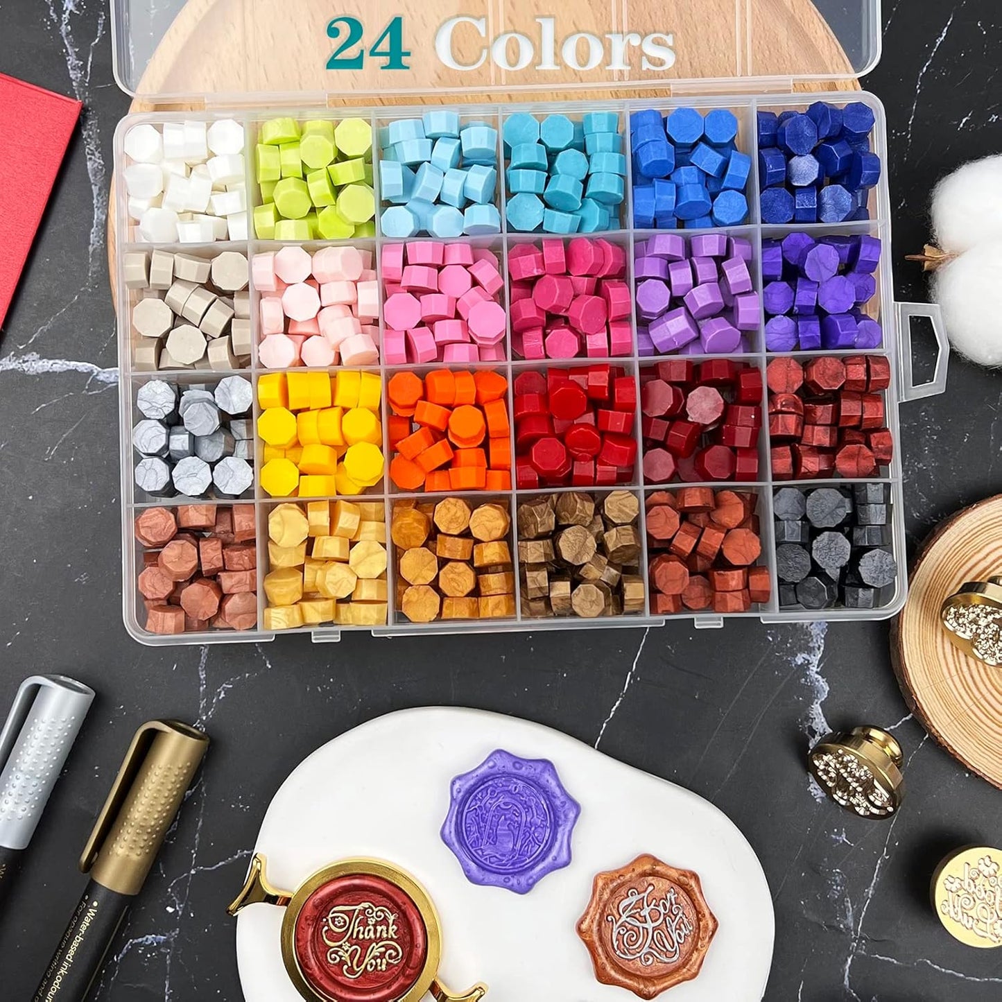 Wax Seal Stamp Kit with Gift Box, 672 Pcs Wax Seal Beads, 4 Pcs Wax Stamps, 2 Pcs Wax Seal Molds, Sealing Wax Warmer, Spoon, Mat, Metallic Pens, Candles, Wax Seal Kit for Craft Gift