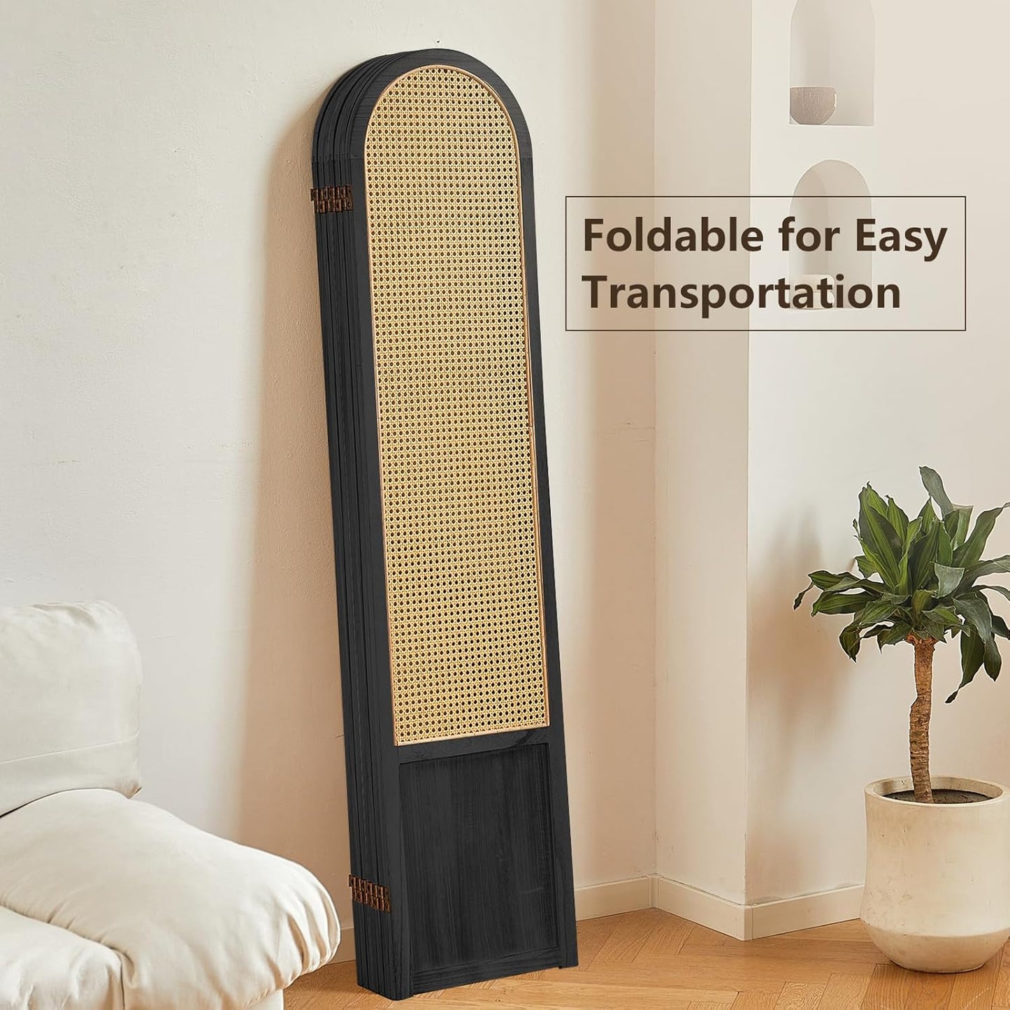 6 Panel Rattan Room Divier, Room Divider Panel and Folding Privacy Screens, Room Divider Wall, Solid Wood Frame, Partition Room Dividers, Bedroom, Lounge, Black