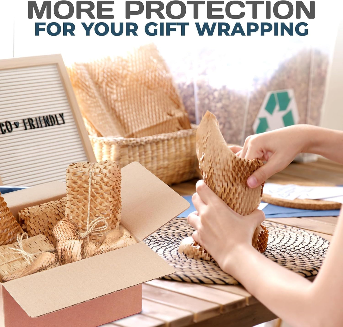 HexcelWrap Mini - Honeycomb Packing Paper, Eco-Friendly, Sustainable Paper Bubble Wrap for Shipping & Moving, Cushioned Packing Material in Easy Self-Dispenser Box - Natural, 12" x 300'