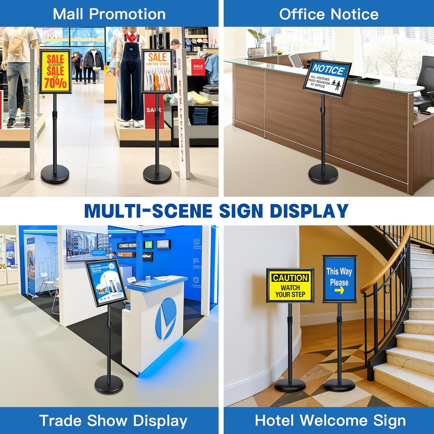 4Pack Sign Holder Stand - 8.5x11 Inch Adjustable Floor Standing Sign Stand for Display, Pedestal Poster Stand for Vertical & Horizontal View, Indoor & Outdoor Use for Business & Store - Black