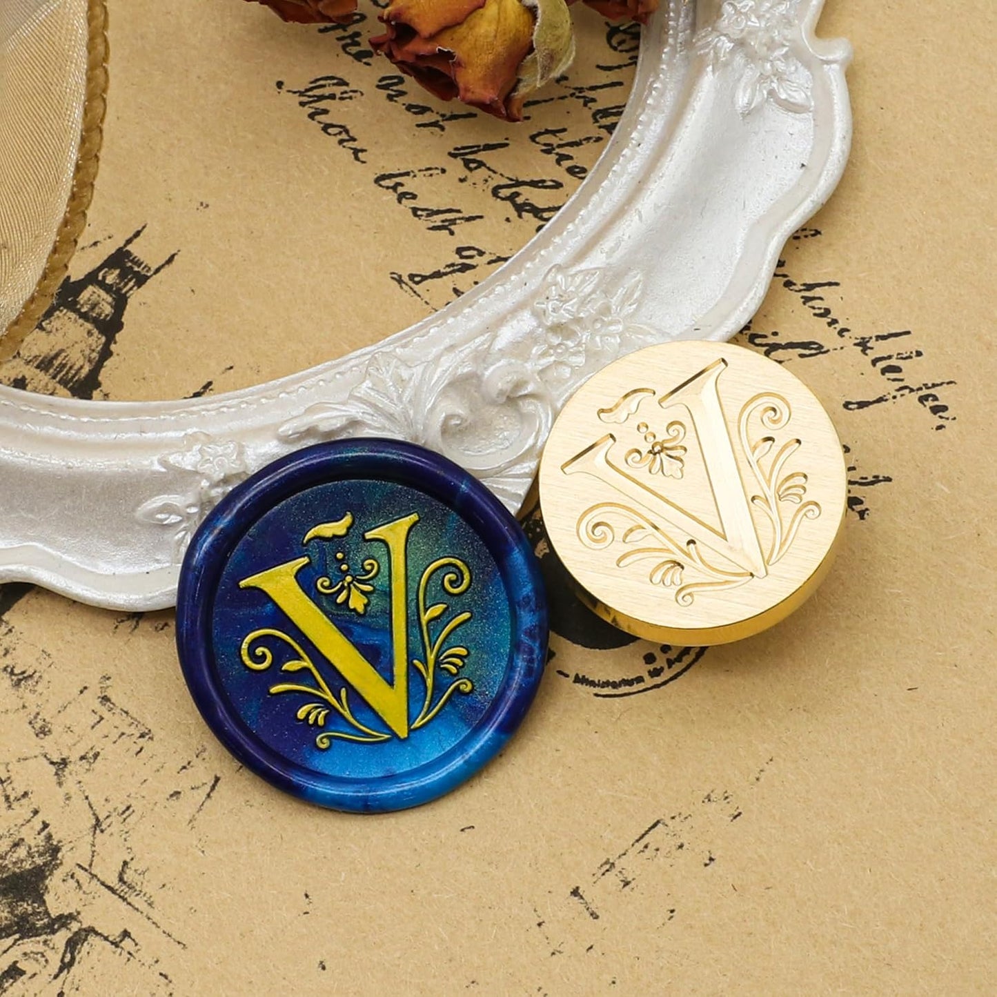 SWANGSA Retro Letter V Wax Seal Stamp with 200pcs Sealing Wax Beads Kit for Wedding Invitations Cards Envelopes (V)