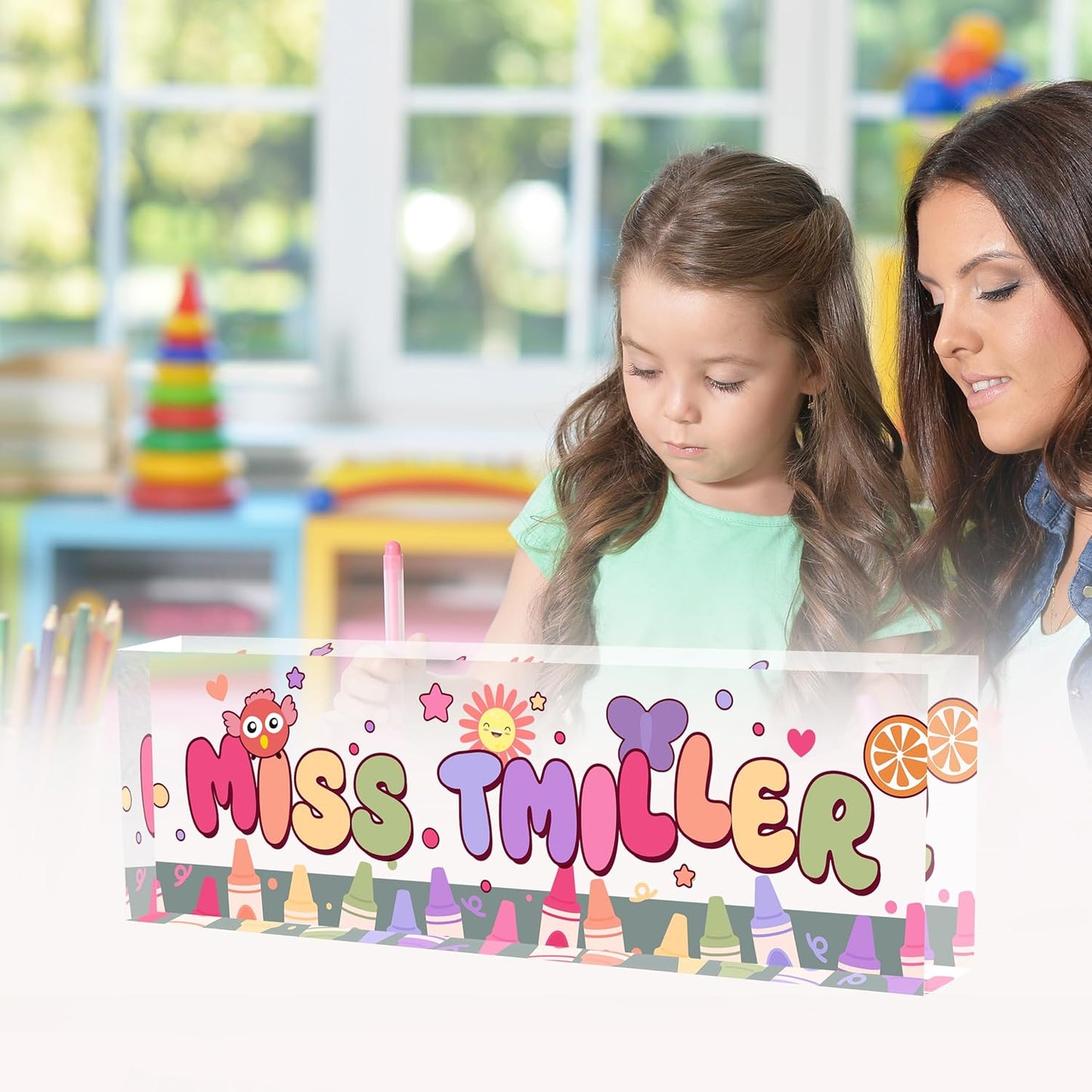 Acrylic Name Plate Personalized, Teacher Name Plates for Desks Classroom, Gifts for Teacher Boss Employee Appreciation Office Desk Decor (Kindergarten 3)