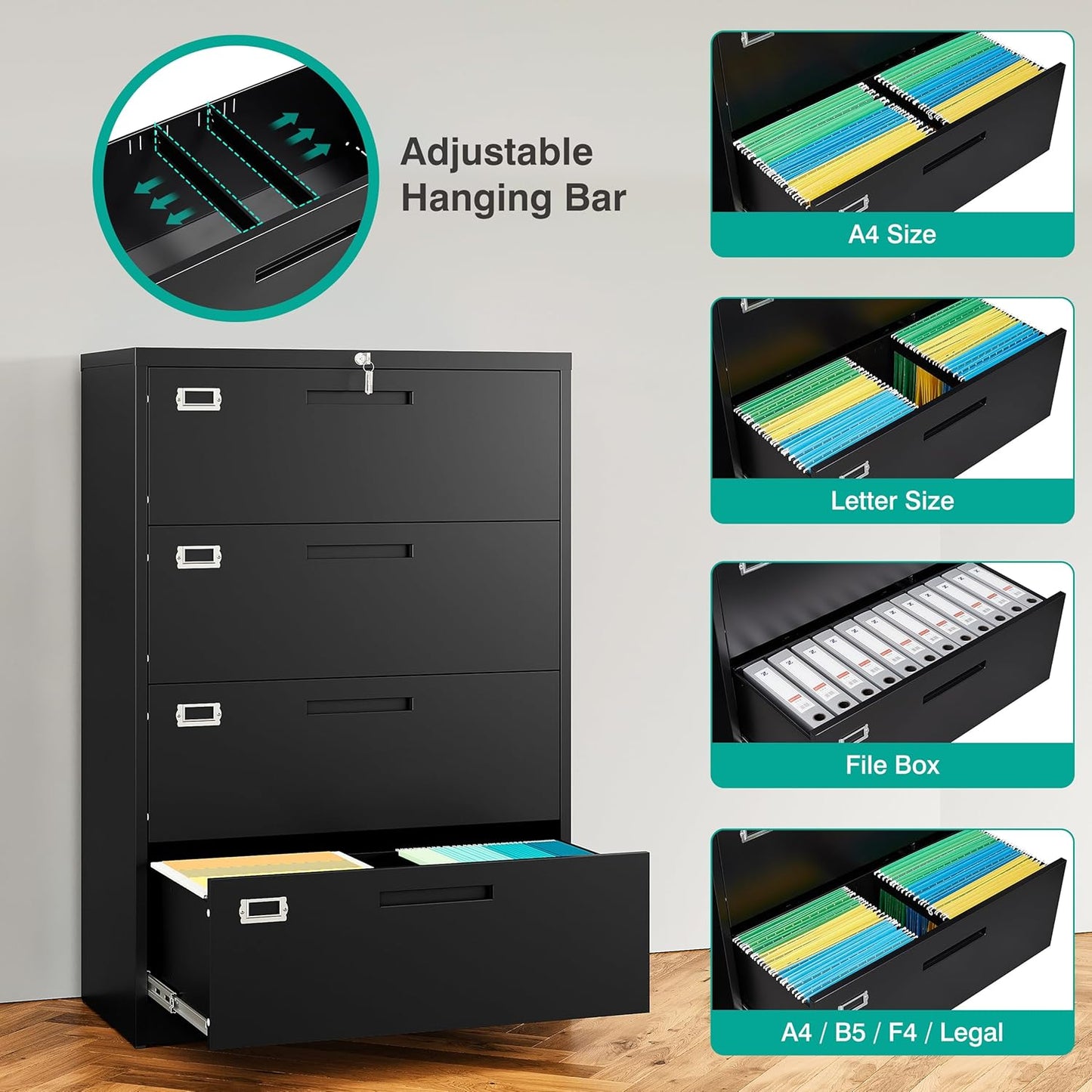SISESOL 4 Drawer Lateral File Cabinet with Lock,Black Lateral Filing Cabinet,Horizontal Metal Filing Cabinet,Locked Wide Four Drawer File Cabinet for Office Home,Fit A4/F4/Letter/Legal File