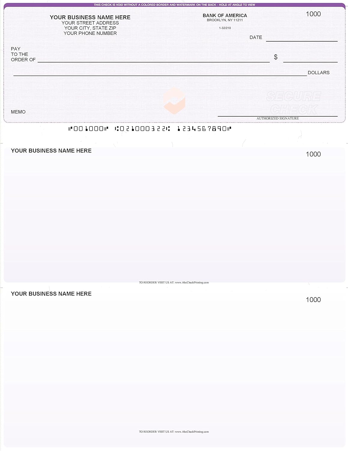 ABC Computer Checks Compatible w/Quick Books, Checks on Top, Purple Linen (250 Sheets)