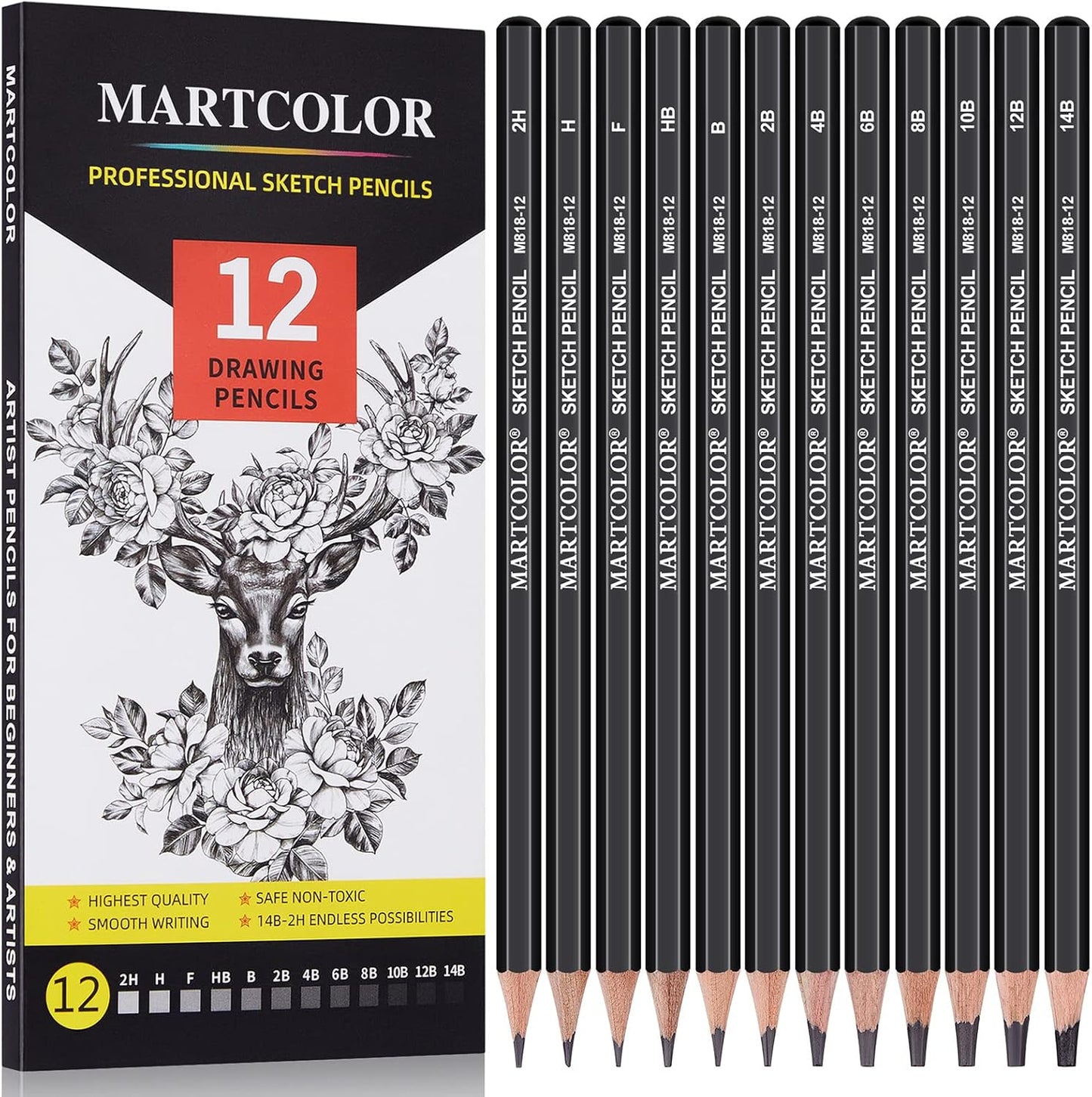 Drawing Sketching Pencils Set, 12 Pack Graphite Pencils(14B - 2H), Ideal for Drawing Art, Sketching, Shading, Artist Pencils for Beginners & Pro Artists