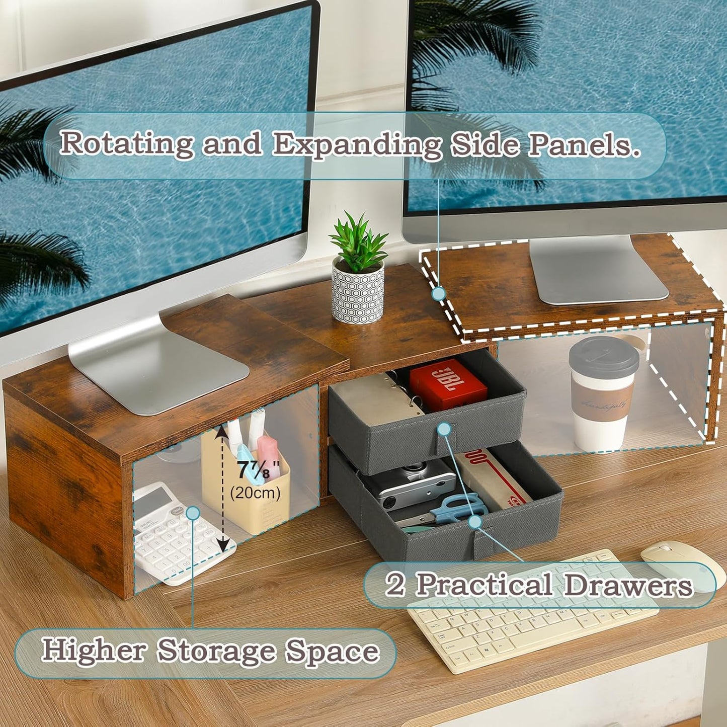 TEAMIX Dual Monitor Stand Riser with 2 Drawers - Length and Angle Adjustable 3 Shelf Monitor Riser with Storage Desk Organizer Large Monitor Stand for 2 Monitors/Laptop/PC,Screen/TV Stand Riser