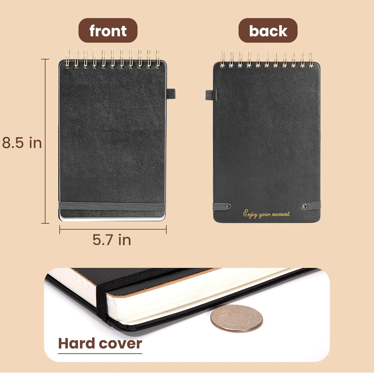 Yoment Top Spiral Notebook Leather Steno Pads 240 Pages Spiral Notepad for Work 5x7 Top Bound Steno Notebook, 100 GSM Thick Paper, Left Handed Notebooks for Office College School, Black