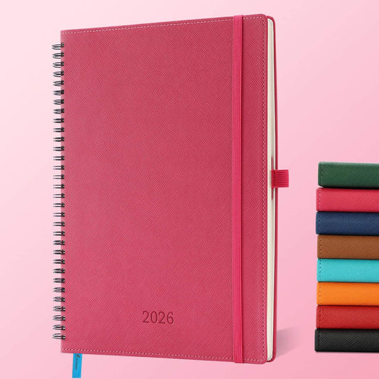 IN-LUXPRO Planner 2026 Daily Weekly and Monthly,11.5"x8.5",12 Months Spiral Bound Calendar Agenda with Self-adhesive Pen Holder,2026 Appointment Book with Vegan Leather Soft Cover,Rose Red