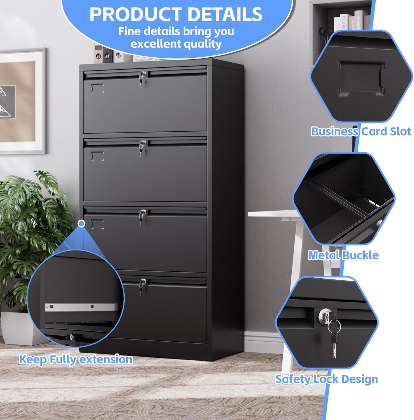 Aobabo 4 Drawer Wide Lateral File Cabinet, Metal Filing Cabinet with Lock, Suitable for Home Office School Hanging Files Letter/Legal/F4/A4 Size,Black,Required-Assembly,15.87" D x 28.94" W x 57.17" H