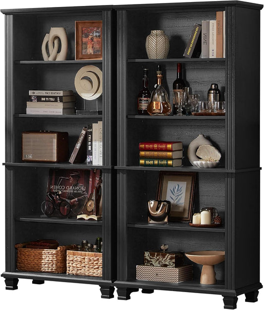 70" Tall Black Bookshelf,5 Tier Wooden Book Shelf with Adjustable Shelves & Wood Legs,Free Standing Farmhouse Bookcase with Open Display Storage,Vintage Bookshelves for Living Room, 2PCS