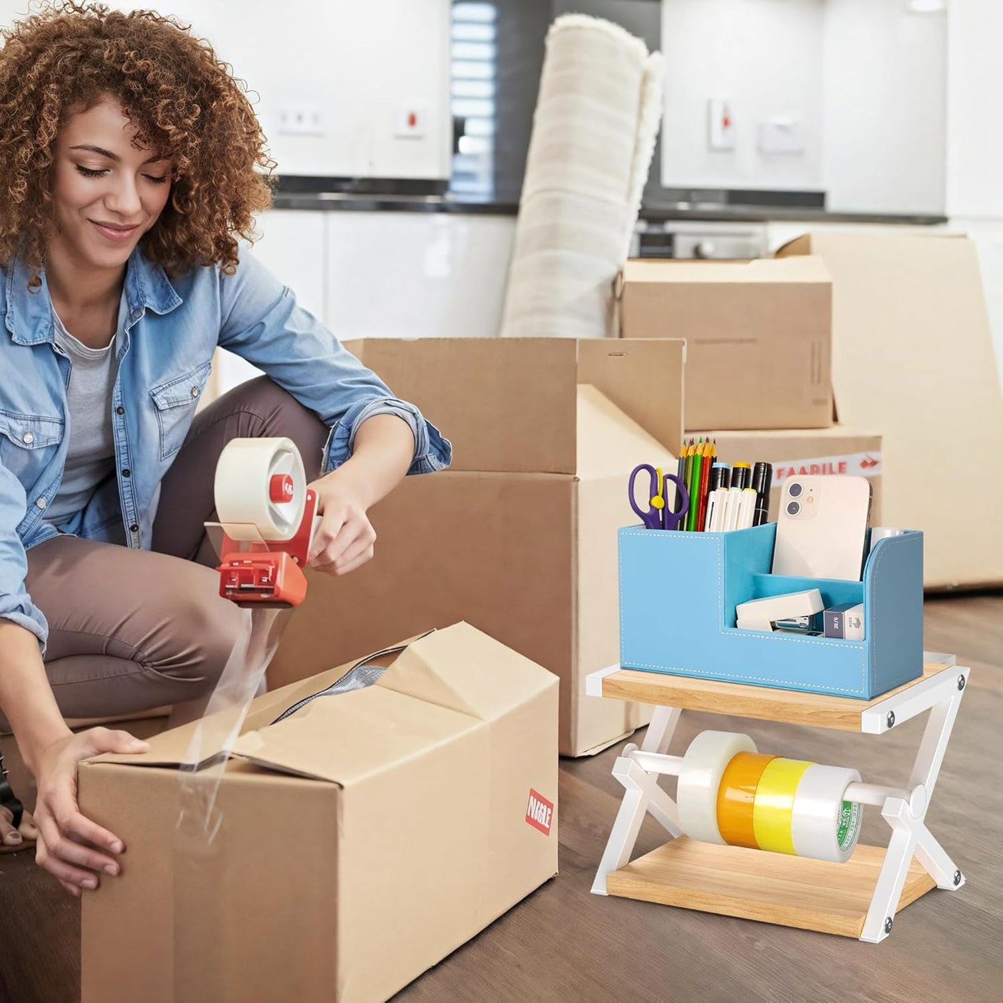 Alyoen Label Holder for Rolls and Fan-Fold Labels, Thermal Shipping Label Holder for Thermal Printer, Desktop Label Printer Accessory Supplies for Home, Office, Small Business (Beige + White)