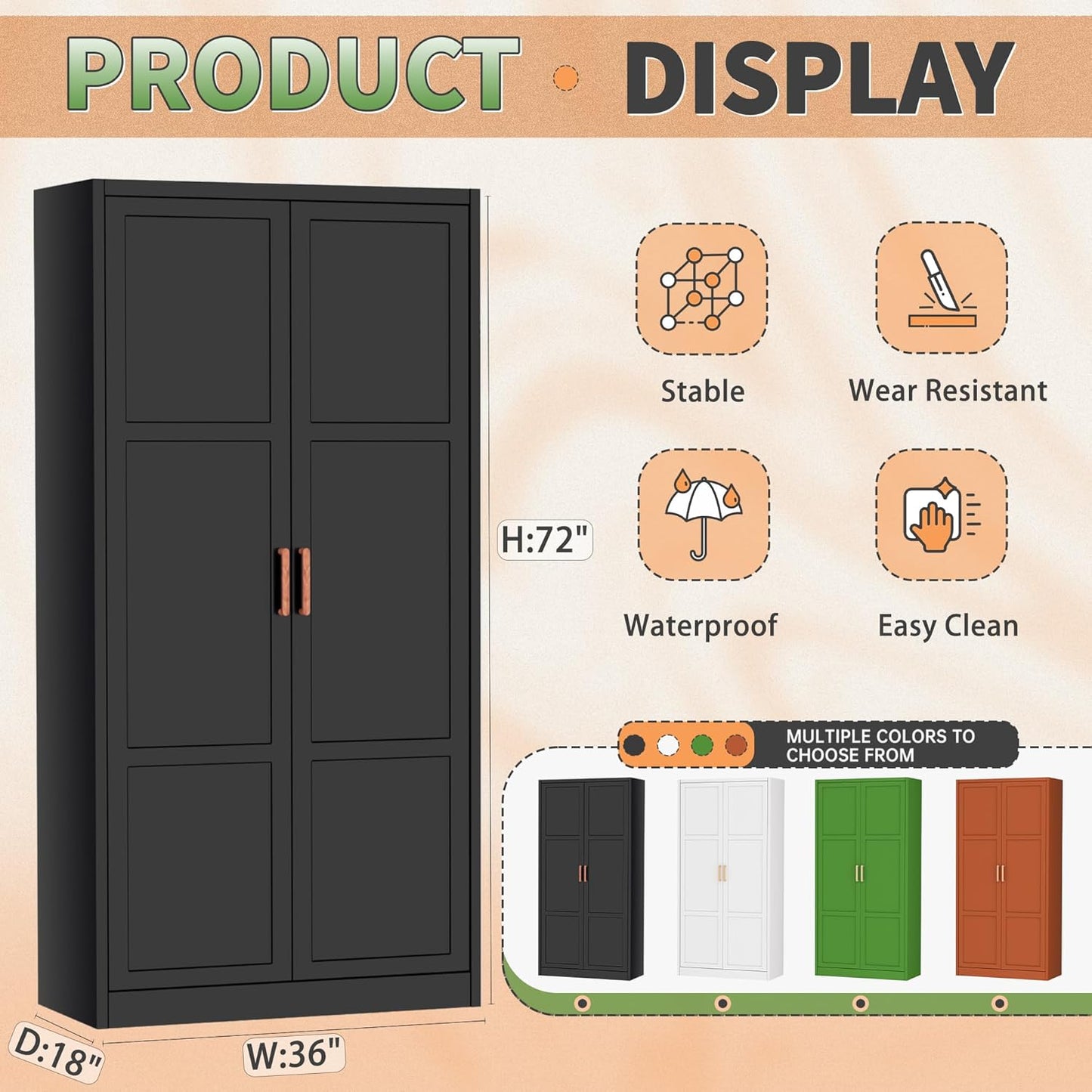 Greenvelly Metal Wardrobe Cabinet, 72" Black Armoire Metal Wardrobe Closet for Hanging Clothes with Wooden Handle, Modern Clothes Cabinet for Home, Office,Bedroom, School,Gym