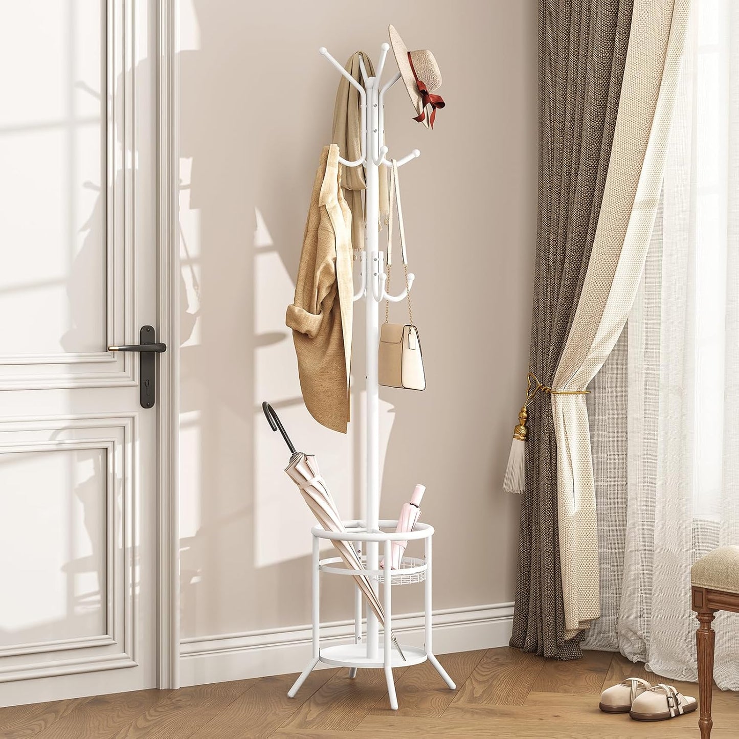 ELYKEN Coat Rack Freestanding, Metal Coat Rack Stand with Umbrella Holder, Modern Coat Tree with 12 Hooks, Floor Standing Corner Hall Tree for Entryway Living Room Bedroom Office, White