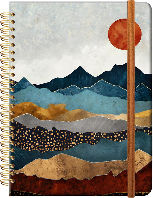 Ruled Spiral Writing Notebook,A5 Hardcover Lined College Journal for Women Lady,Fashion Puppy Watercolor Strong Twin-Wire Binding with Premium Paper,8.4" X 6",Perfect for School,Office,Home Gifts(Abstract Mountain Sun)