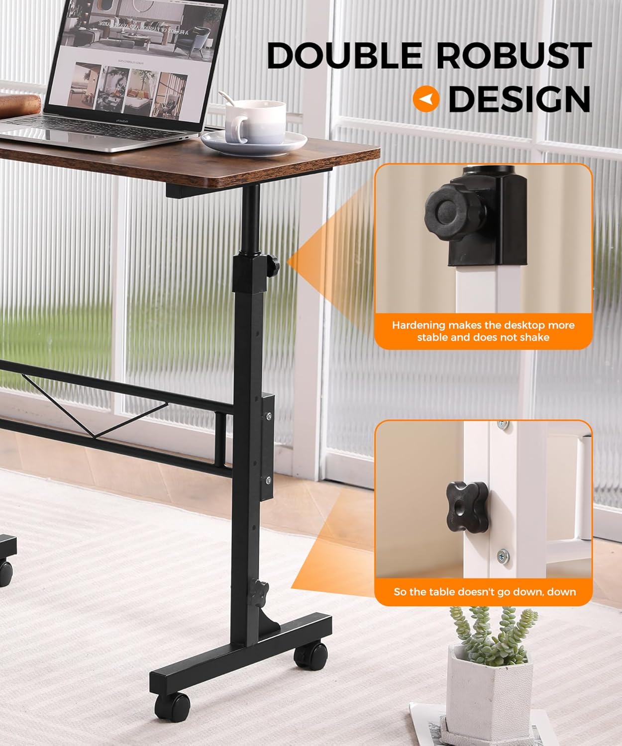 Standing Desk Adjustable Height, Mobile Stand Up Desks with Wheels Small Computer Desks Rolling Desk, Portable Laptop Desks Rustic Standing Table Sit Stand Home Office Desks 16"x31.5" Height 27"-43.5"