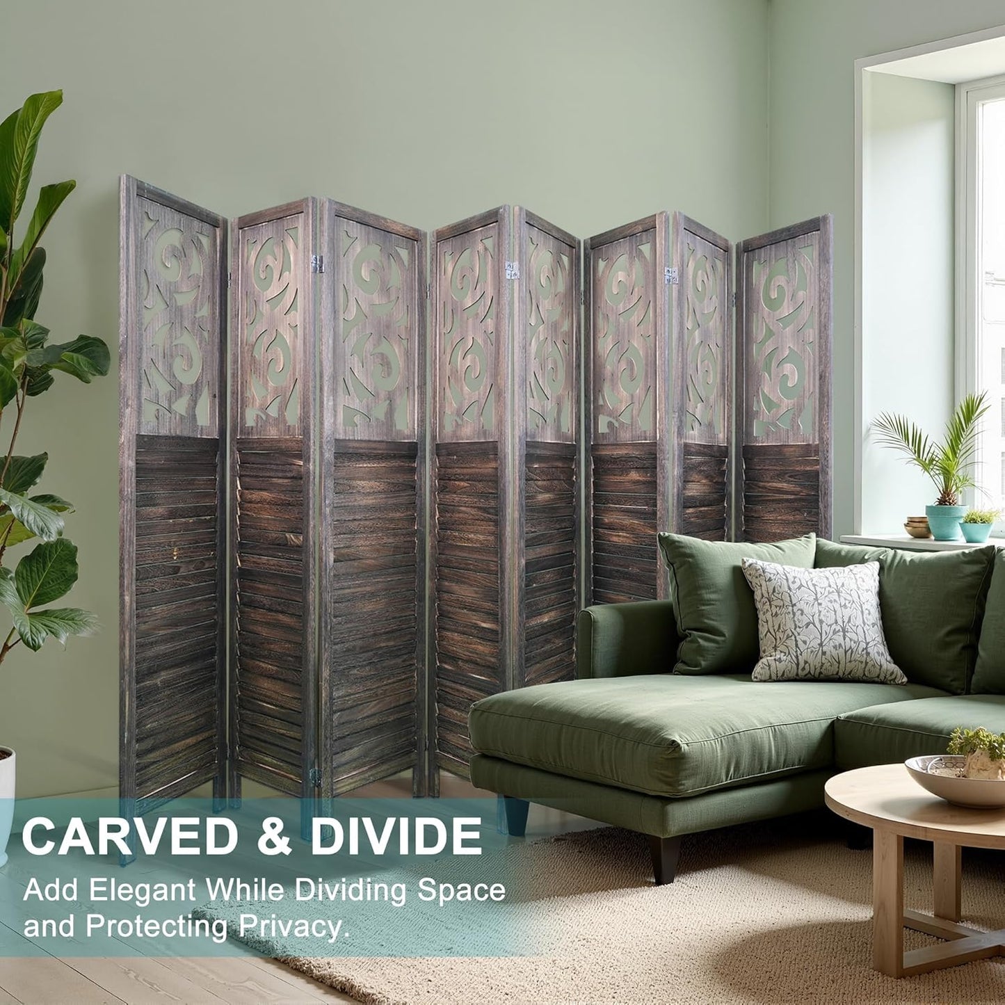8 Panel Room Divider, 5.6FT Folding Carved Room Divider Screen, Free Assembled Freestanding Partition for Home Office Bedroom, Brown