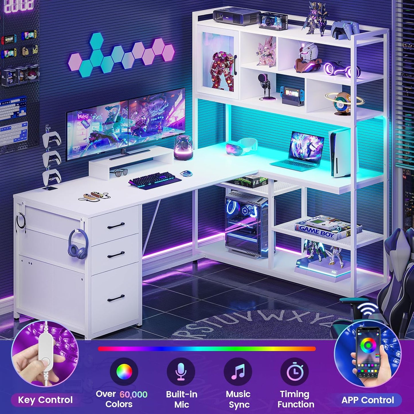 SEDETA L Shaped Computer Desk, 58'' Office Desk with 3 Drawers and Bookshelf, L Shaped Corner Desk with Storage Shelves and LED Light for Home Office, Gaming Desk, L Desk, White