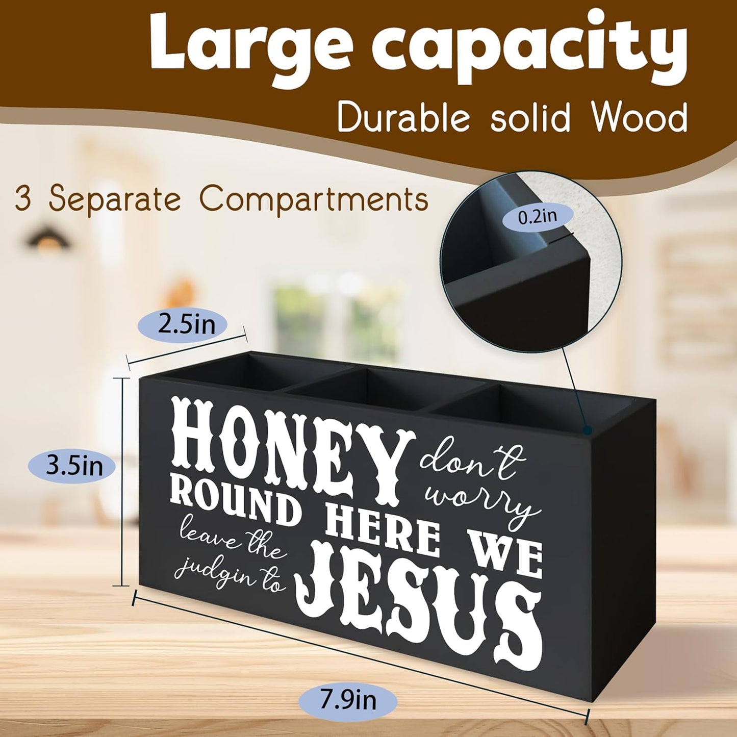 Christian Sign Decor for Desk Pen Holder, Honey Round Here We Jesus Christian Gifts for Women,Jesus Home Shelf Decor Wooden Pencil Holder for Office Desk Accessories