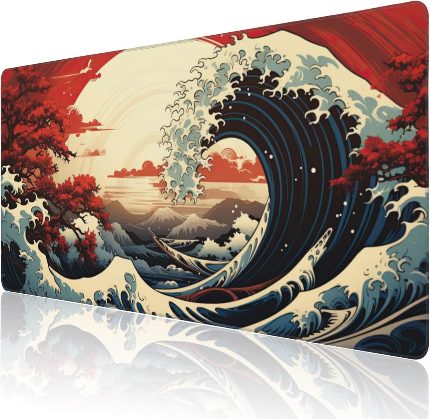 Extended Large Gaming Mouse Pad, Japanese Great Wave Sunset Large Desk Mat for Desktop, Non-Slip Rubber Base Stitched Edges Long Computer Keyboard Desk Pad Mouse Mat for Home Office 35.4"X15.7"