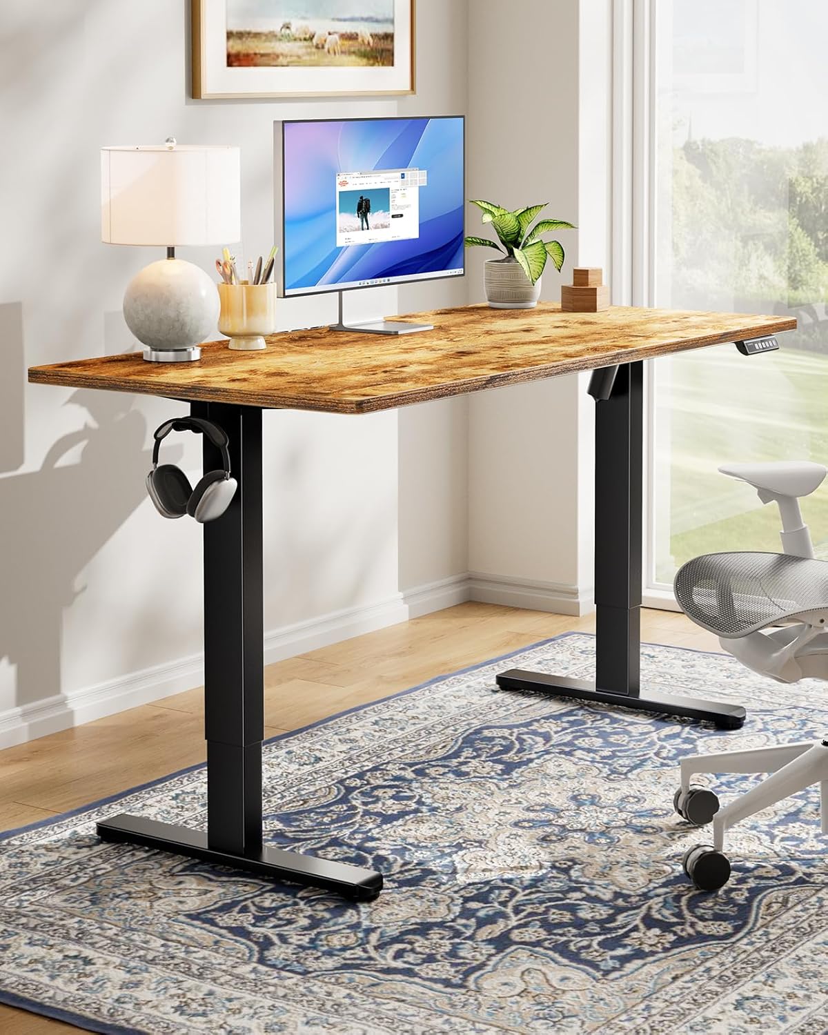 HUANUO Electric Standing Desk, 60" x 24" Whole Piece Desktop, Adjustable Height Computer Desk, 4 Height Memory Settings, Sit Stand Up Desks for Home Office, Vintage