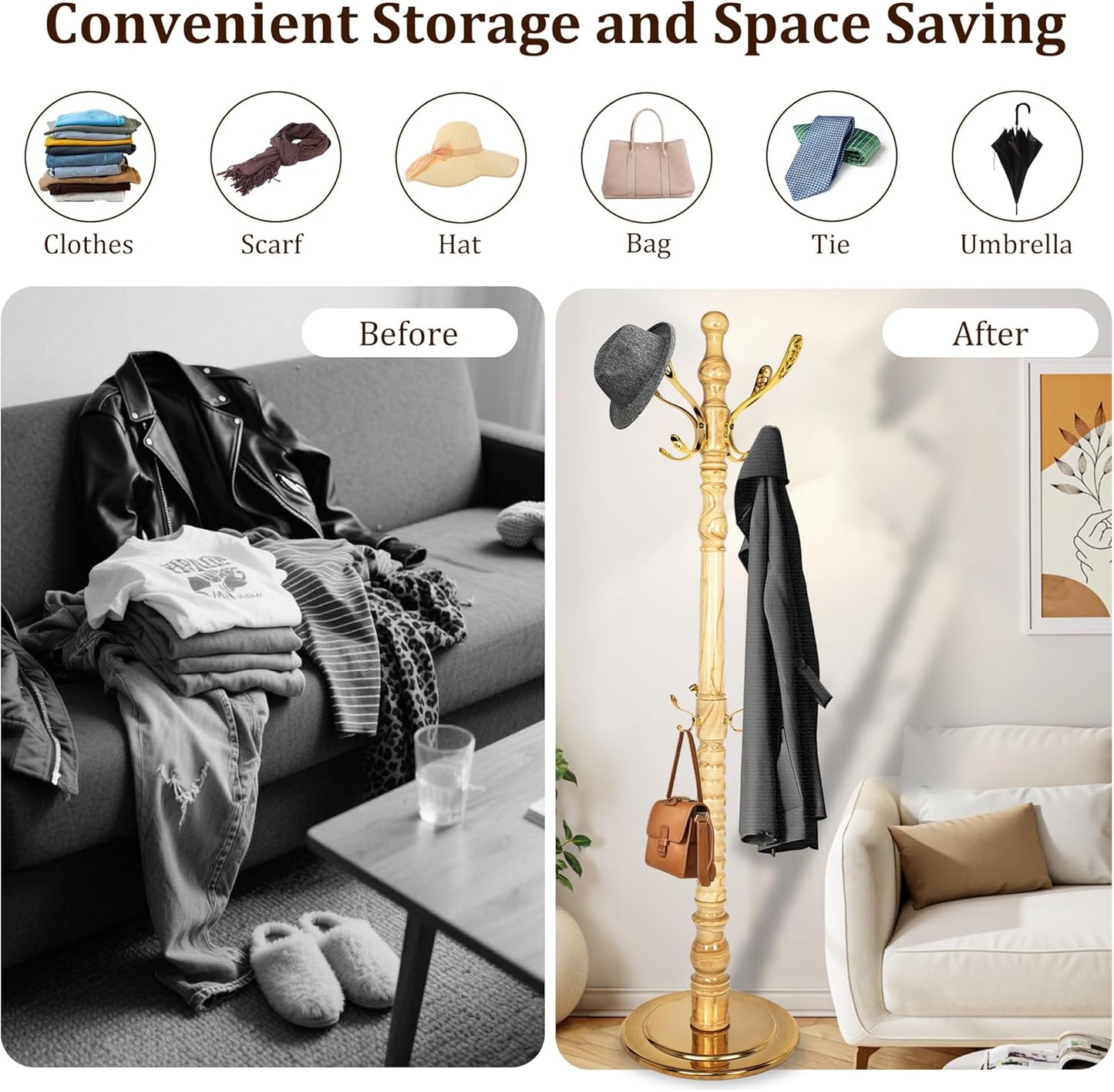 Vintage Free Standing Coat Rack with Disc Base, Solid Wood Coat Hanger Stand with 14 Metal Hooks and Adjustable Height, Standing Coat Rack Tree for Entryway, Bedroom, Hallway, Office, Apartment