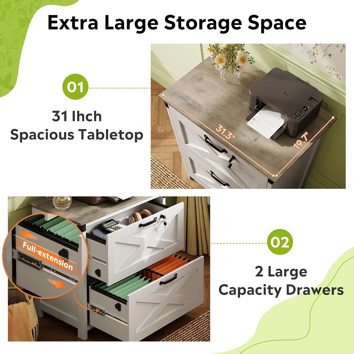 DEVAISE 2 Drawer Farmhouse File Cabinet with Lock, Lateral Filing Cabinet for Letter/Legal/A4 Size, Wood Printer Stand for Home Office, White