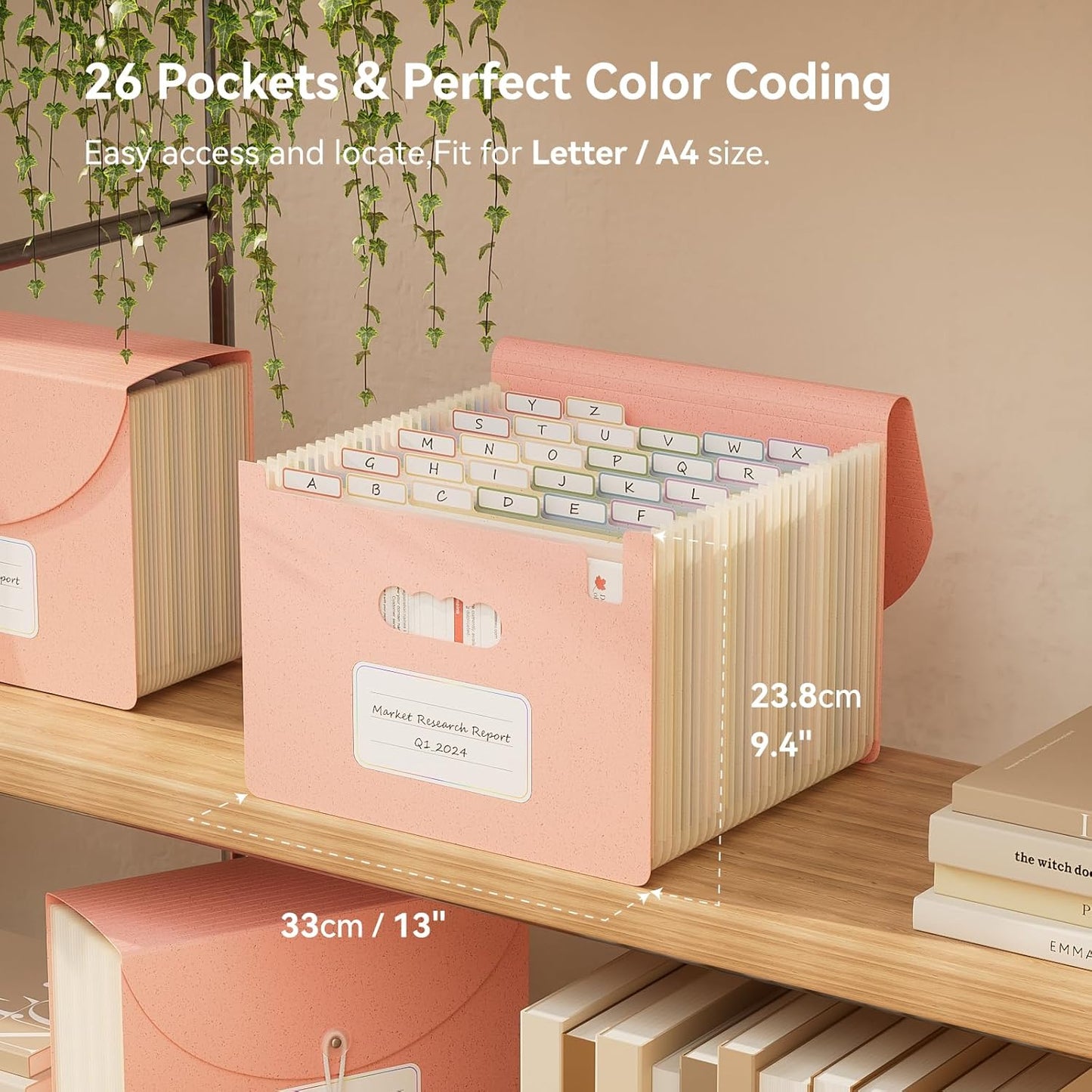 Accordion File Organizer, 26 Pockets Wheat Straw Expanding File Folder, Monthly Bill Receipt Organizer,A-Z Tabs,100% BPA Free,Return to Nature Healthy Living,Letter/A4 Size - Strawberry Pink