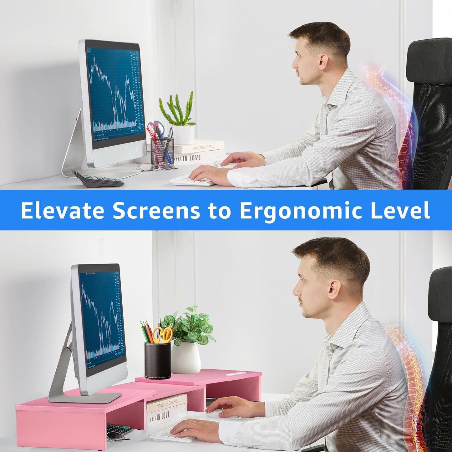 Dual Monitor Stand Riser for 2 Monitors, Monitor Stand for Desk, Adjustable Length & Swivel Angle Wooden Desktop Organizer Stand Riser with Smartphone Holder for PC Monitor Laptop, Pink