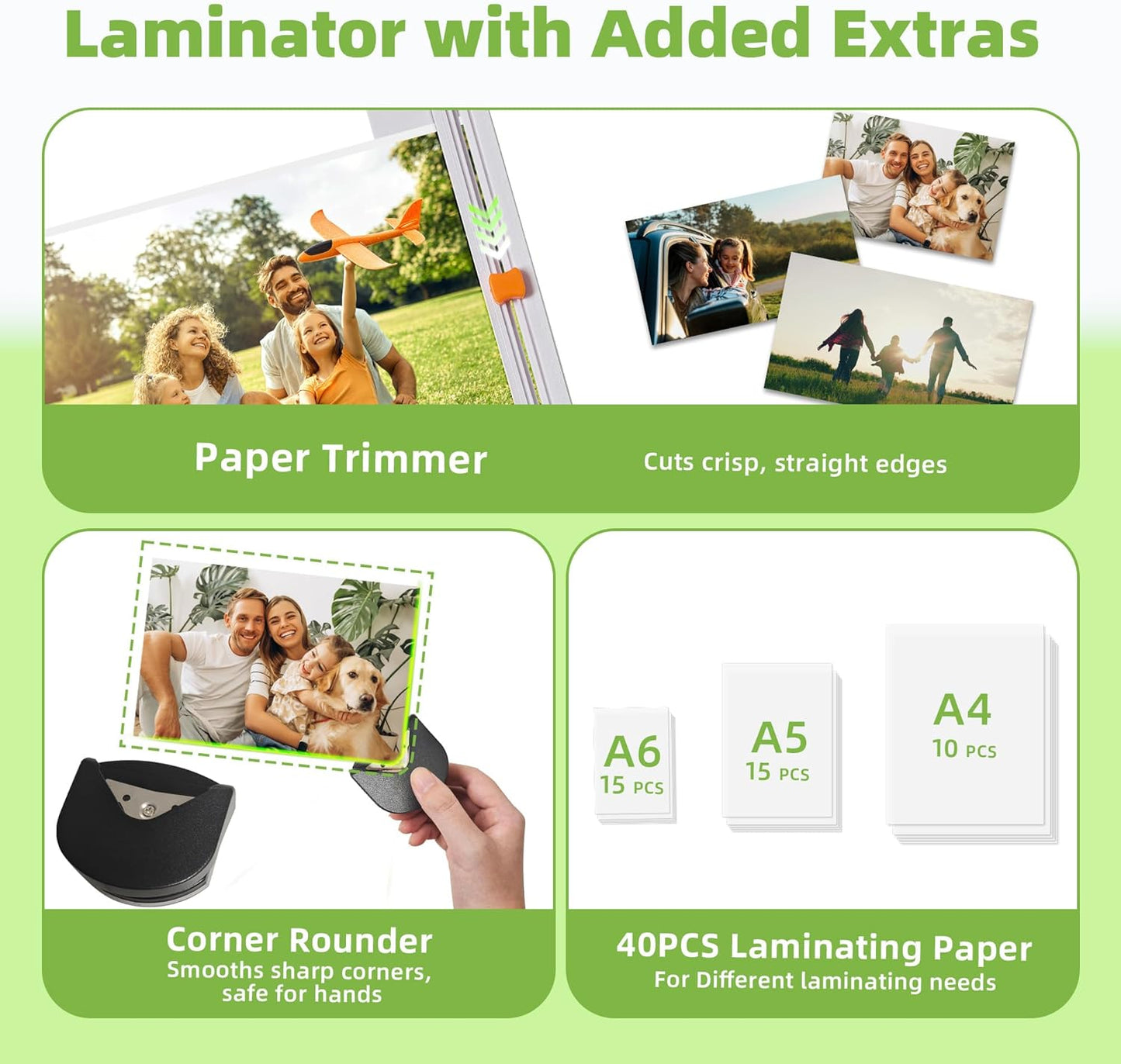 Laminator Machine with 40 Laminating Sheets, Thermal Laminator with Paper Trimmer & Corner Rounder, Laminating Kit for Home Office School and Class, White