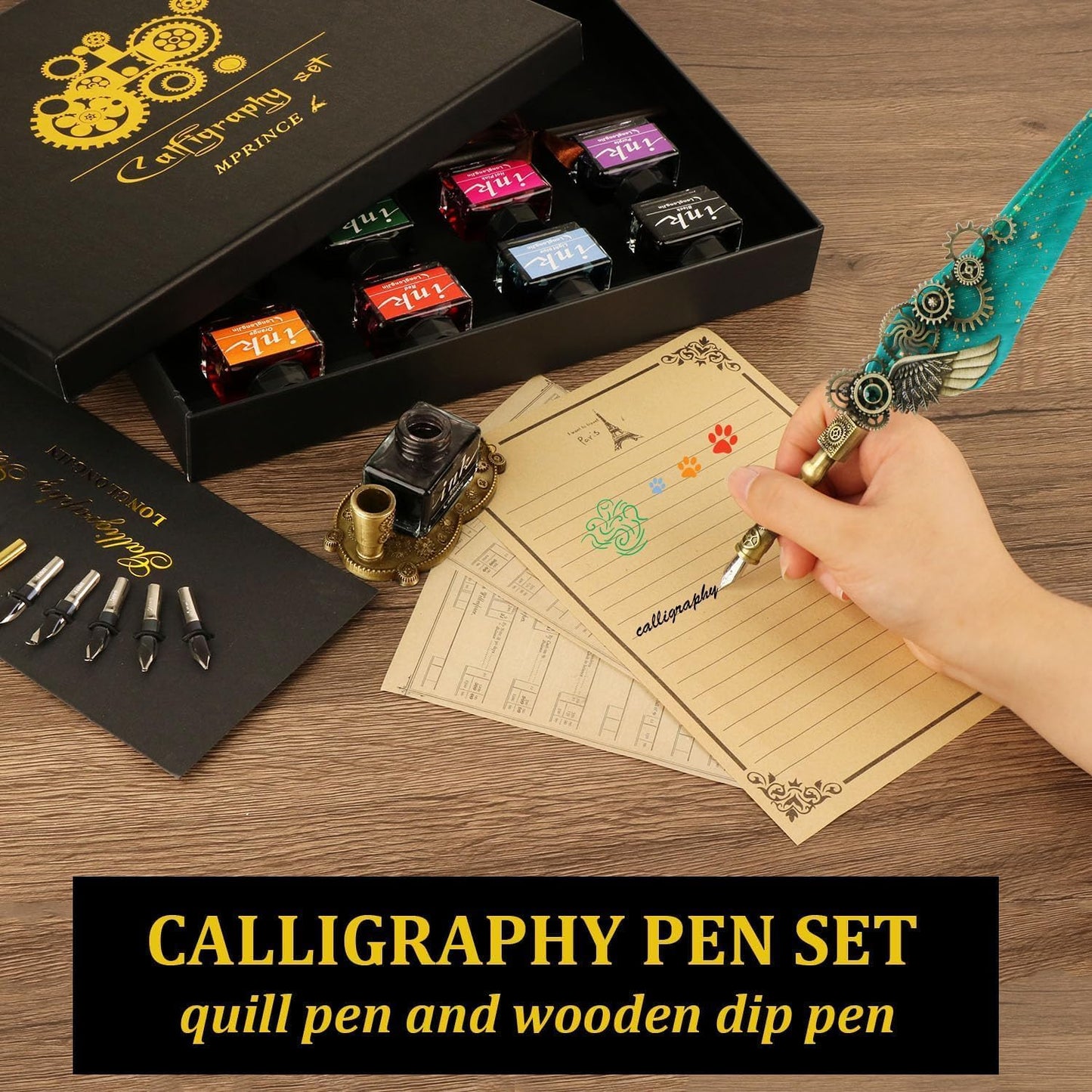 Feather Quill Pen ink Set,Calligraphy Pen Set,Include Quill Pen,Wood Dip Pen,8 Bottles Of Ink,13 Stainless Steel Nibs Of Different Sizes,Pen Holder,Envelope Paper