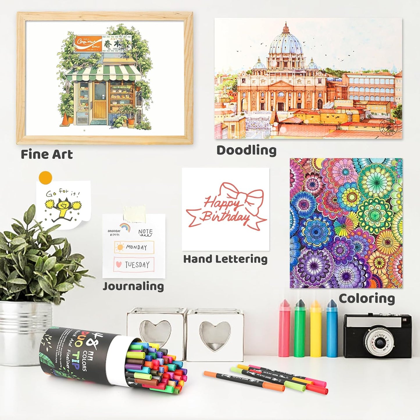 ZSCM 48 Colors Markers for Adult Coloring Books No Bleeding - Duo Tip Art Pens, Fine & Brush Coloring Marker for Adult Calligraphy, Illustration, Cards Drawing, Note taking Lettering, Journaling