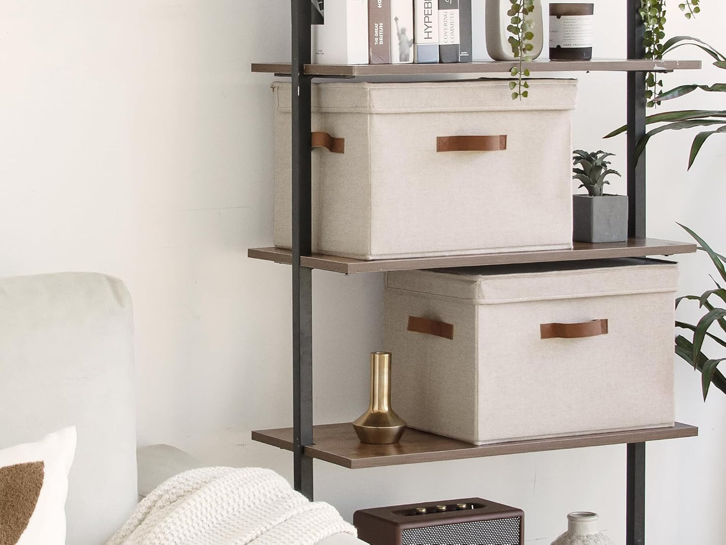 StorageWorks Fabric Storage Bins with Lid, Decorative Storage Boxes for Shelves, Stackable Closet Organizer Basket with Handles, Large, Brown and Beige, 2-Pack