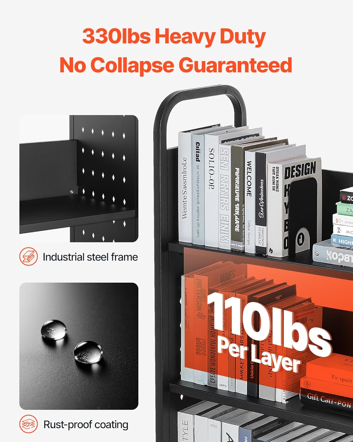 VEVOR Rolling Library Book Cart, 330 lbs Capacity, 30.3 x 15 x 48.0-Inch Library Cart, Single Sided L-Shaped Shelves with 3-Inch Lockable Wheels, Book Truck for Home Shelves Office and School, Black