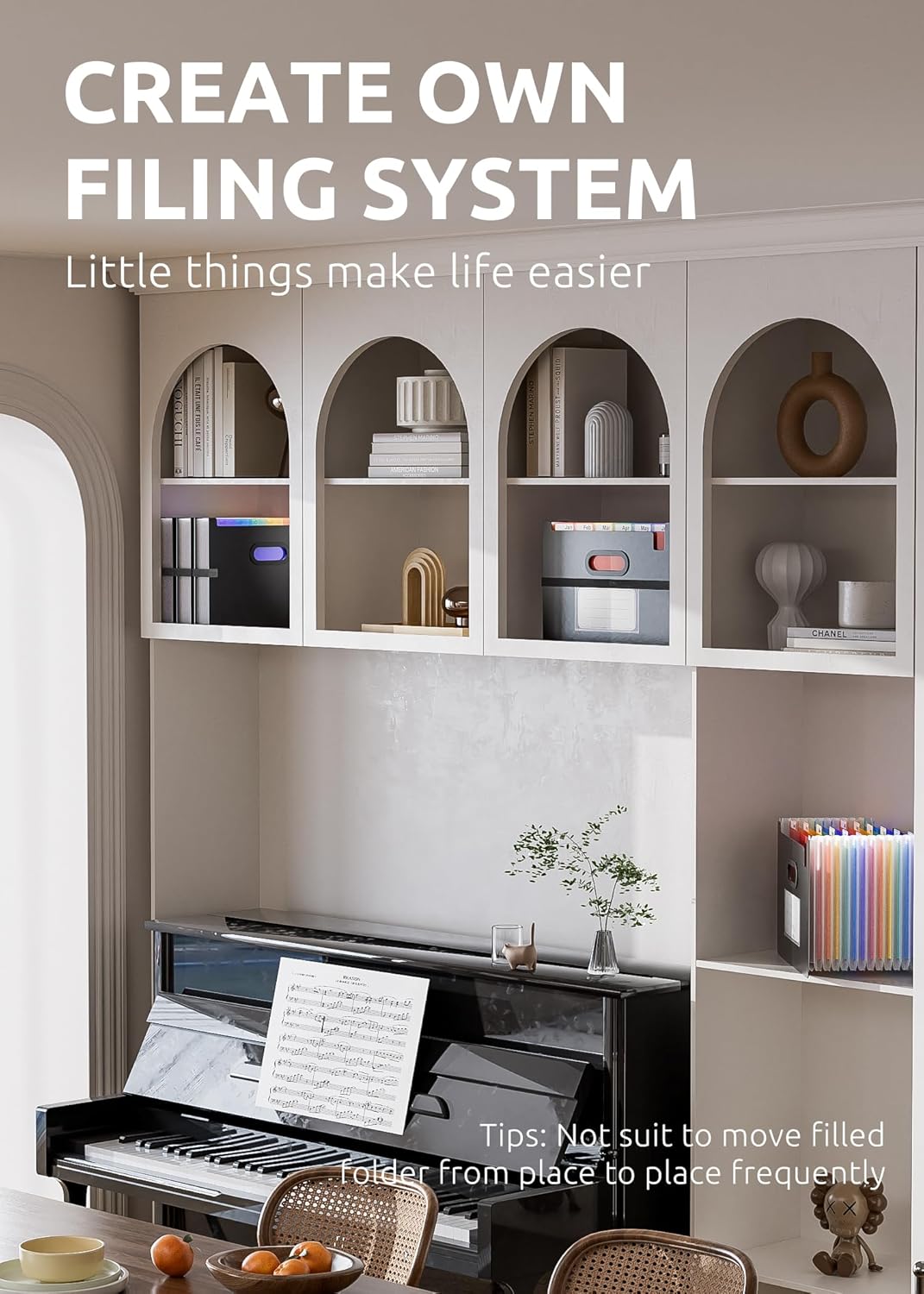 ThinkTex 12 Pockets Accordion File Organizer, Upright & Coverless, Monthly Colorful Tabs, Larger Capacity Expanding File Folder, Letter/A4 Size for School, Home and Office - Black