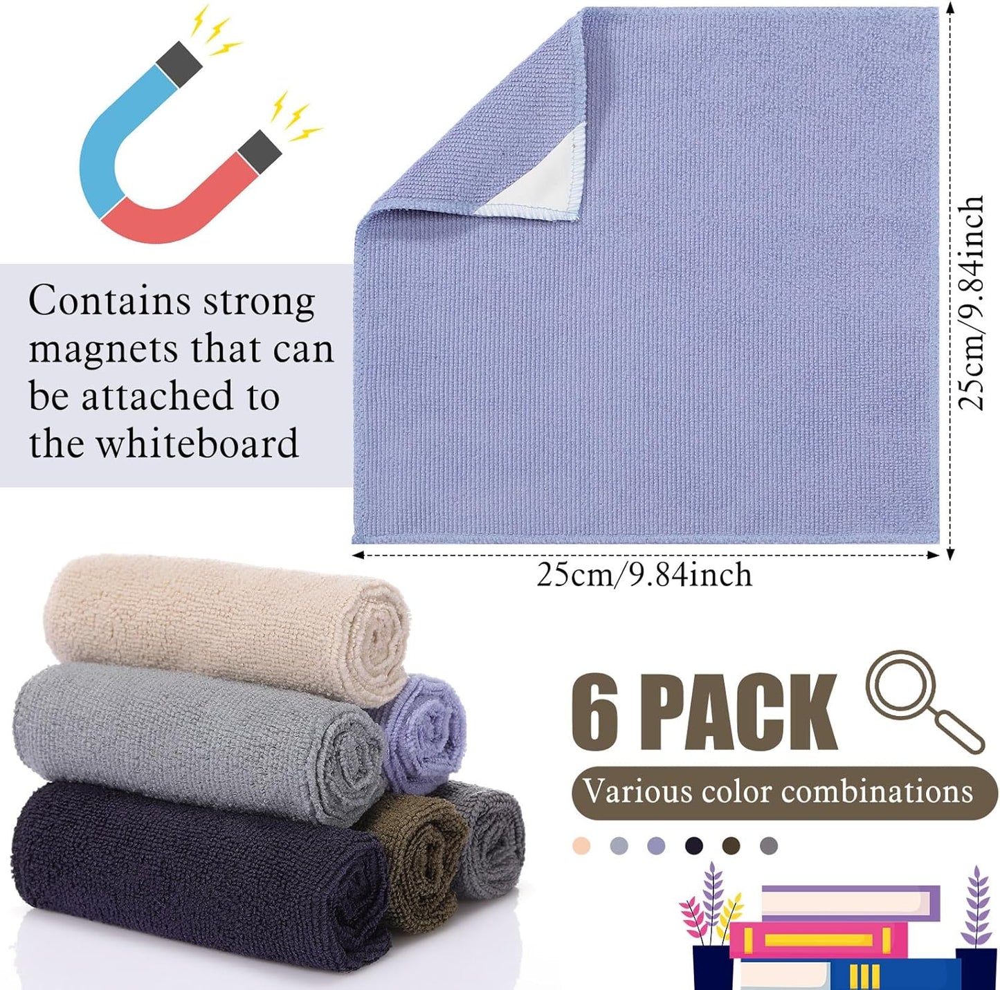 6 Pack Magnetic Whiteboard Cleaning Cloth Extra Strong Magnetism 10'' X 10'' Colorful Microfiber Dry Erase Cloth Reusable Washable Whiteboard Eraser for Classroom, Home and Office Use(Dark Color)