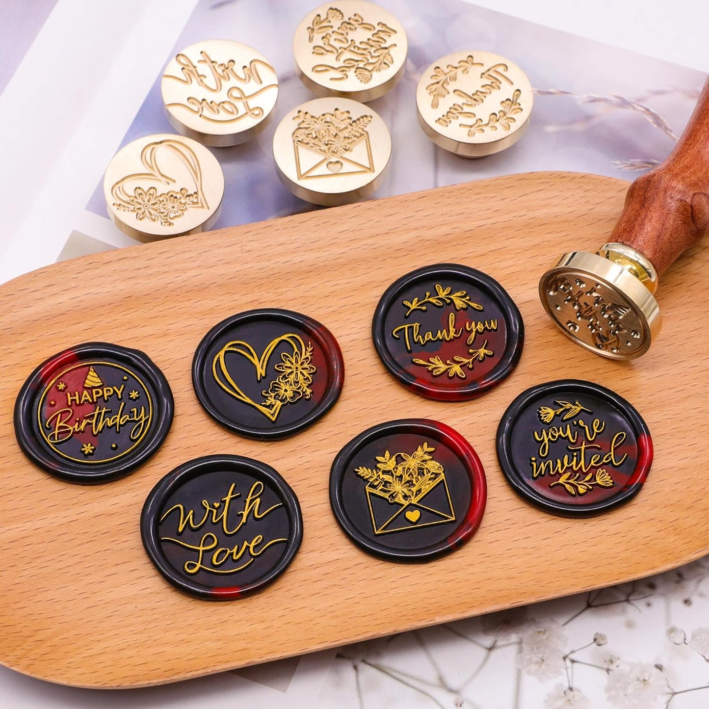 SWANGSA Blessing Wax Seal Stamp Gift Box Set, Vintage 6 Sealing Stamp Heads and 1 Wooden Hilt for Wedding, Party Invitations, Envelops, Christmas Cards and Gift (Phrases Kit)