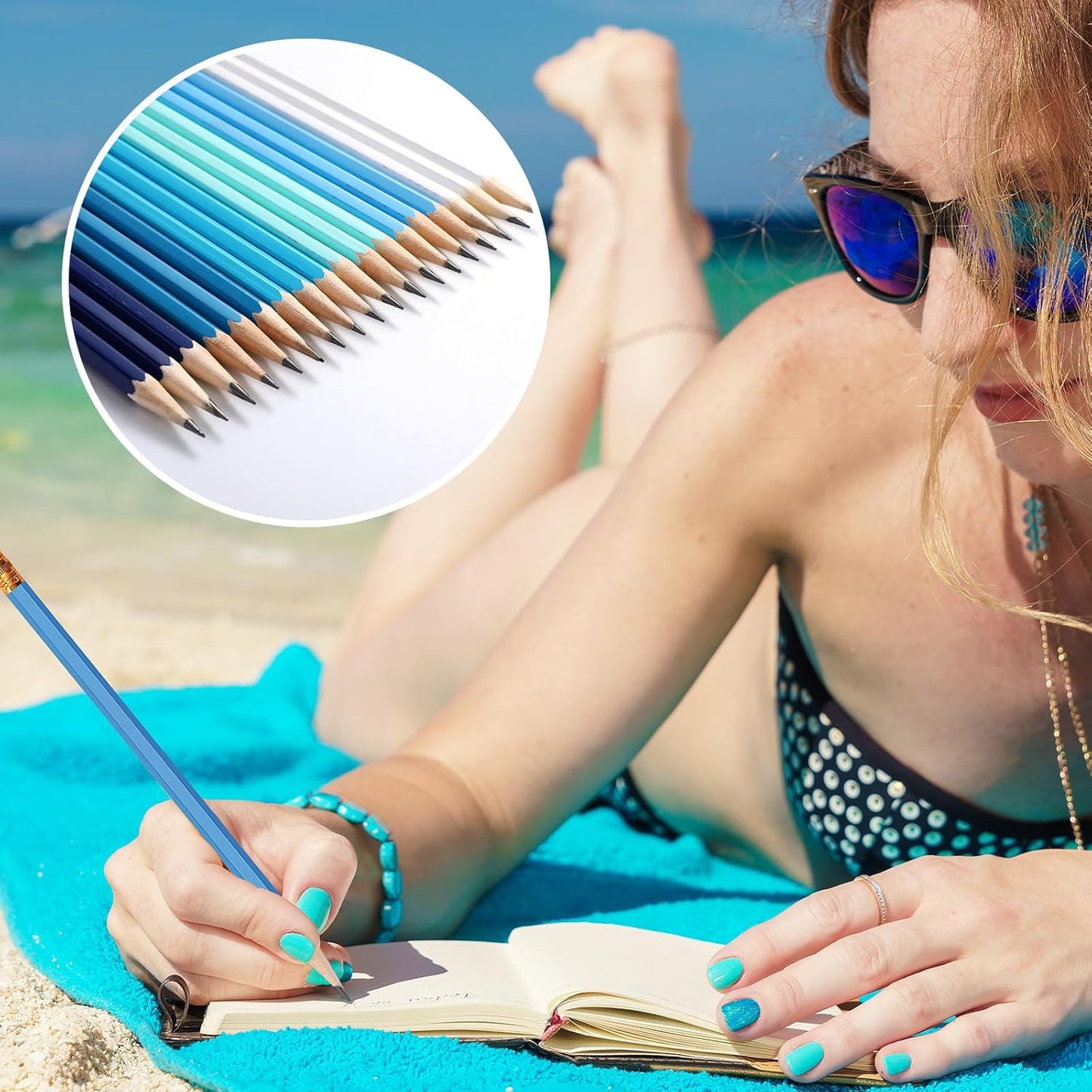 TecUnite 60 Pcs HB Pencils #2 Unsharpened Wood Cased Pencils with Eraser Hexagonal Pencil Cute Graphite No 2 Pen for Adults Gifts Exam School Office Sketching Learning(Blue Green Series, Gold)