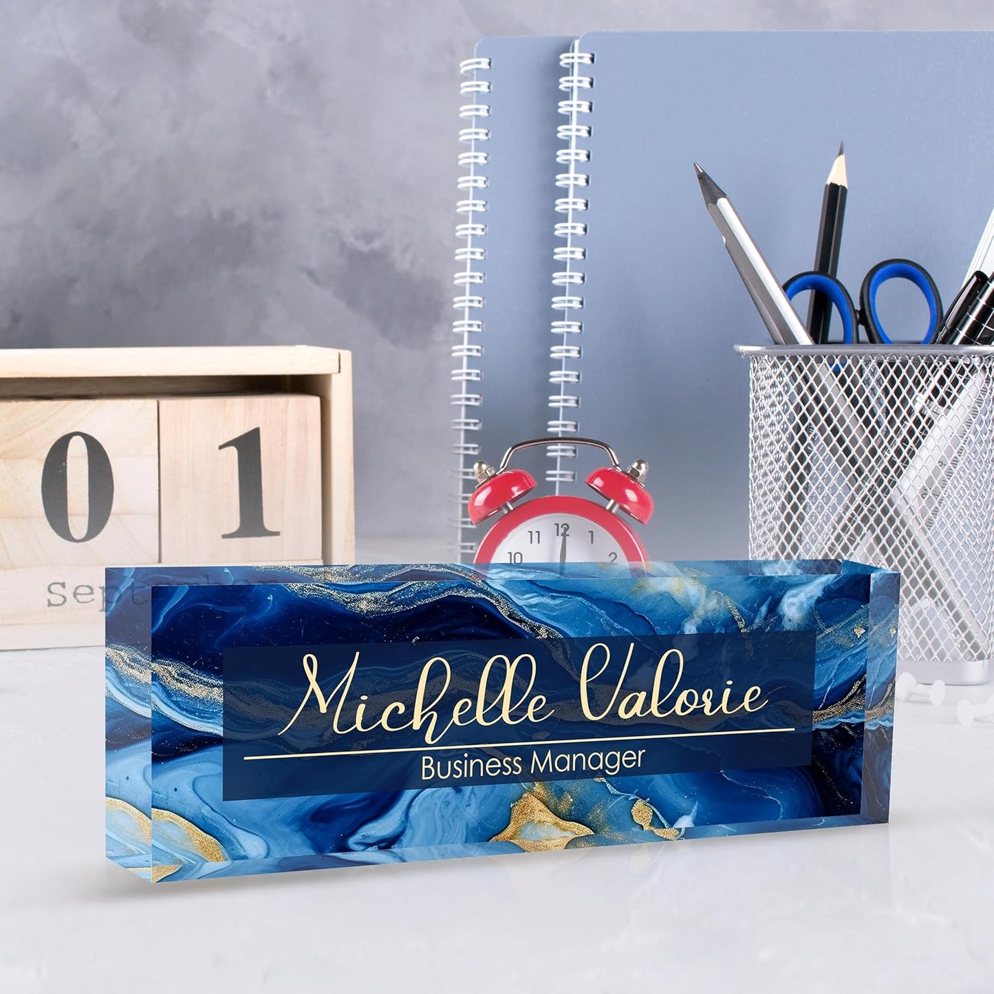 Custom Personalized Acrylic Name Plate Office Desk Accessories (A-Blue Gold)