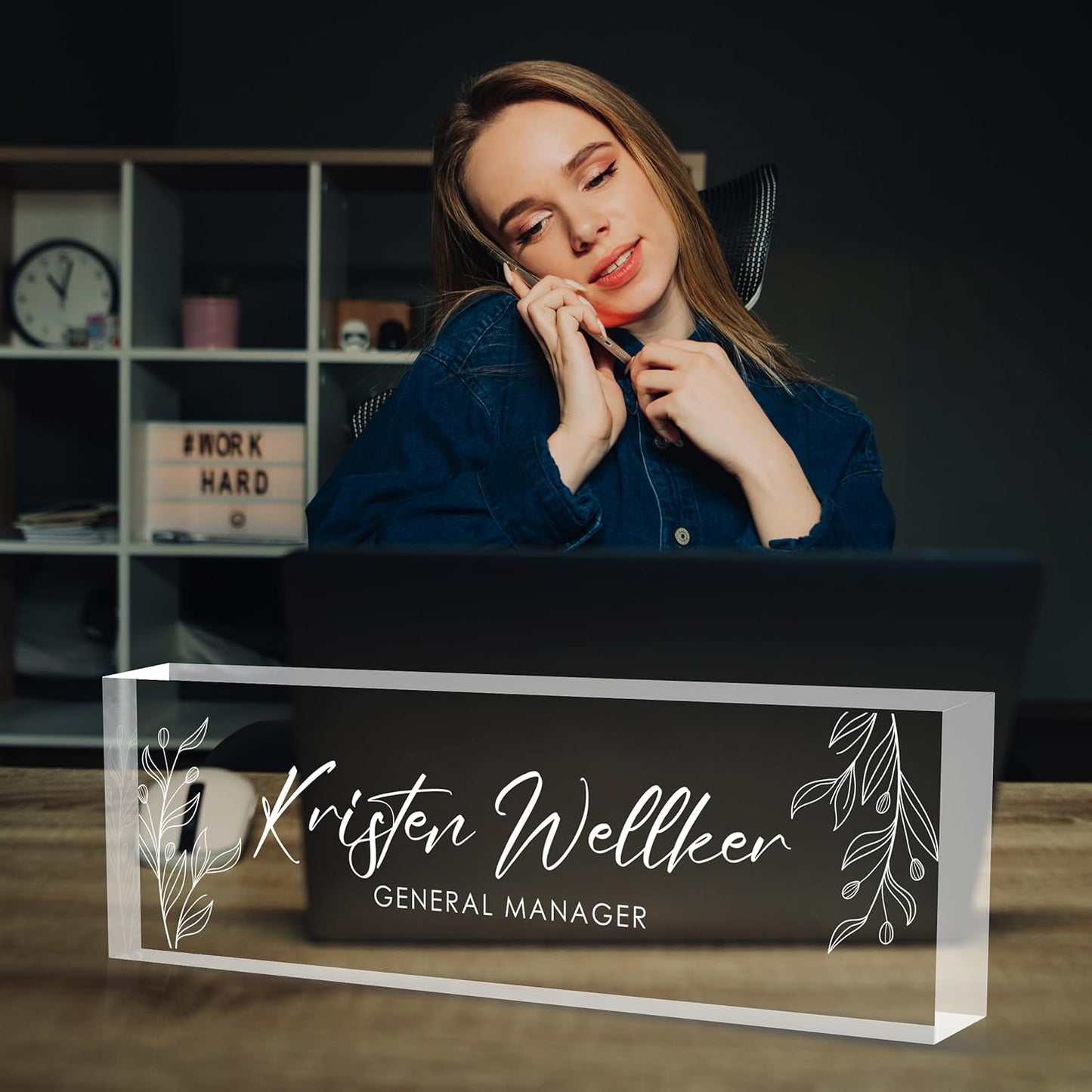 Custom Office Name Plate for Desk, Desk Name Plate Personalized, Personalized Gifts for Women, Appreciation Gifts for Employee Coworkers Boss Teacher, Office Accessories (Engrave Leaves)