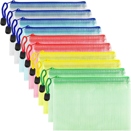 AUSTARK 10 Pcs Zipper File Bags, Waterproof Plastic Mesh Pouch for Office School, Board Game Storage Bags (B6 Size 7.6''x5.3'', Multicolored)