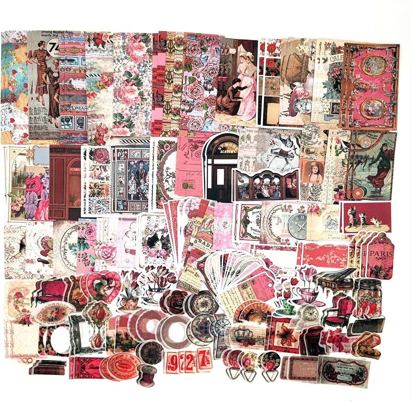 200PCS Vintage Scrapbooking Supplies Pack, Aesthetic Scrapbook Sticker Paper Art Journaling Kit for Bullet Junk Journals,Planner,Cottagecore Decor Gifts (Pink Retro Collection)