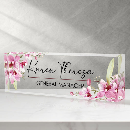 Custom Office Name Plate, Personalized Gifts for Women & Employees, Office Desk Accessory (Pink Orchid)
