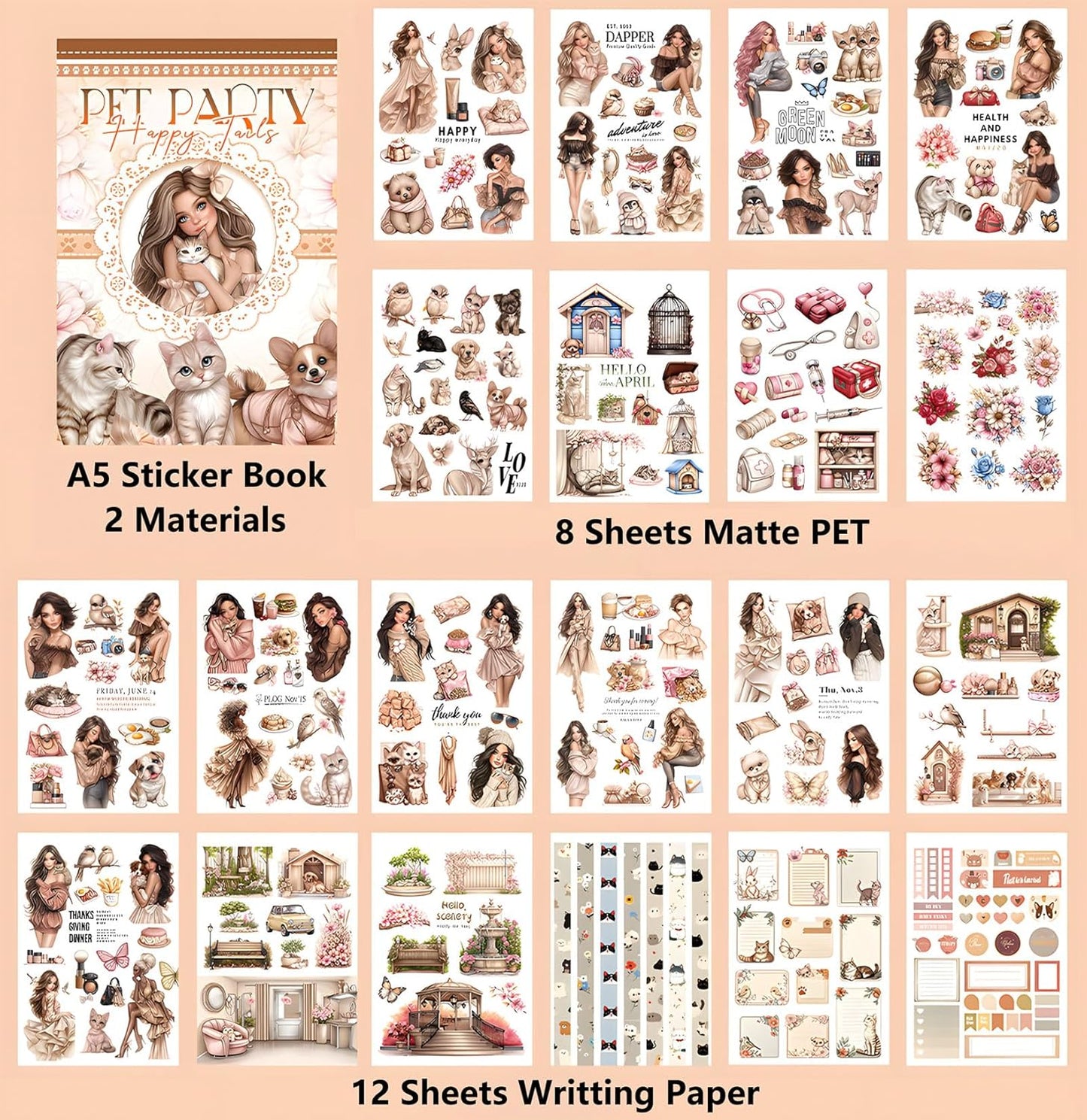 YagCu Scrapbook Sticker Book, Pets Dogs Cats Journaling Stickers, Animal Junk Journal Supplies, Pre-Cut Aesthetic Scrapbooking Stickers for Adults, Decorative Ephemera Bullet Planner DIY Arts Craft