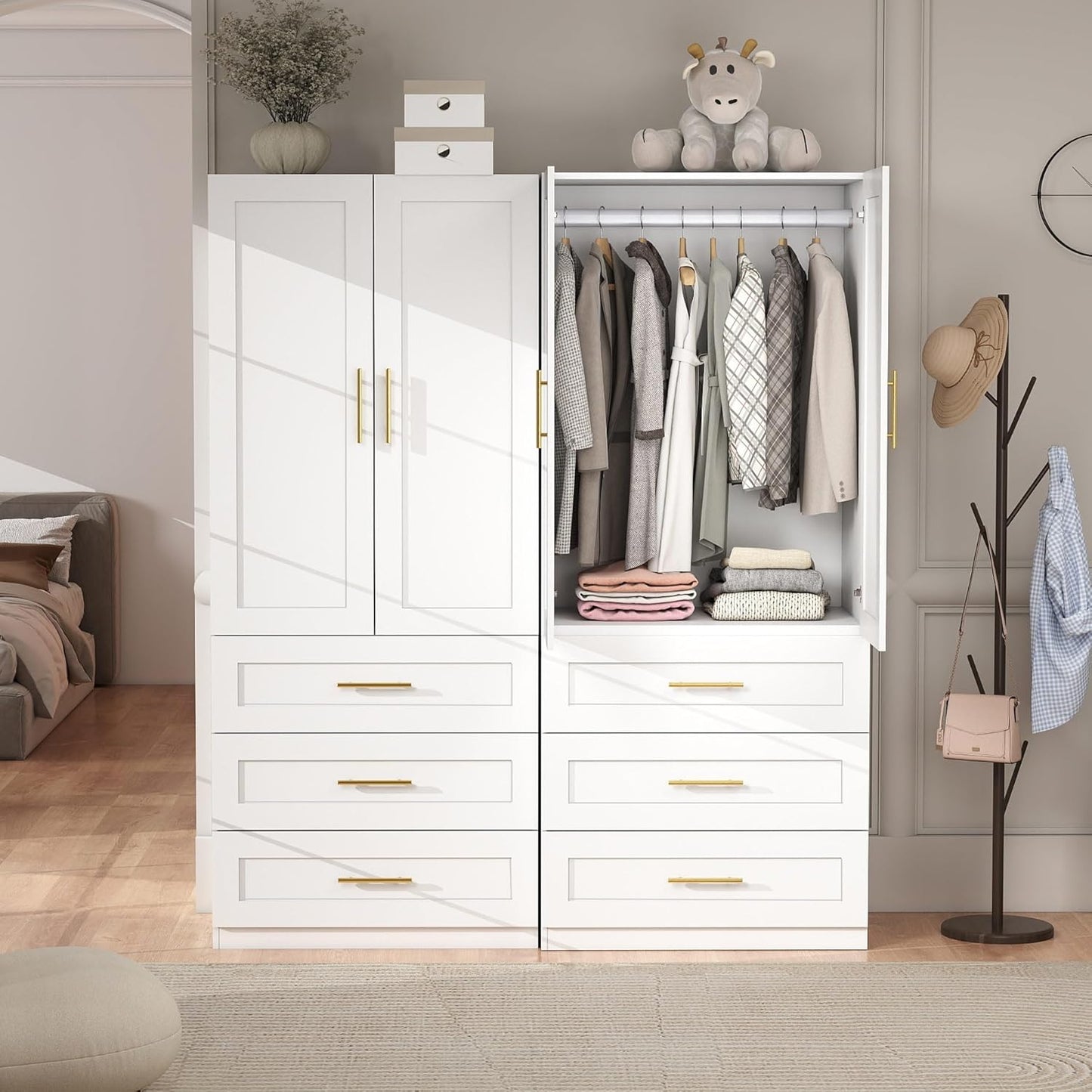 White Wardrobe with 4 Doors: 75" Tall Armoire Wardrobe Closet with 6 Drawers, Bedroom Closet Cabinet for Hanging Clothes, Wooden Storage Armoire with Shelves (Modern, 2)