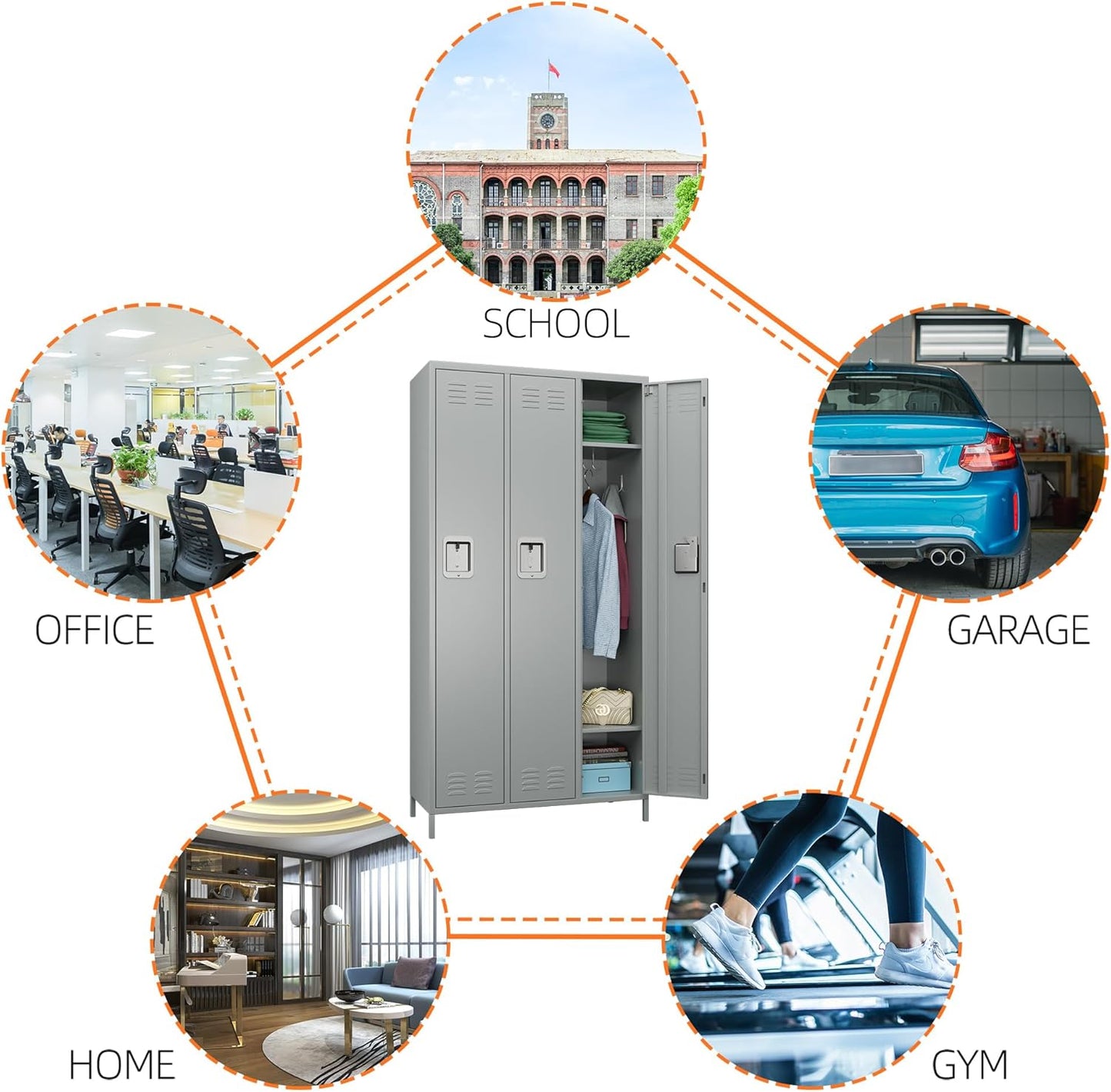 Metal Storage Locker with 3 Doors,Metal Locker for Employees with 9 Hooks for School Garage Office Gym Home,Assembly Required,Light Grey