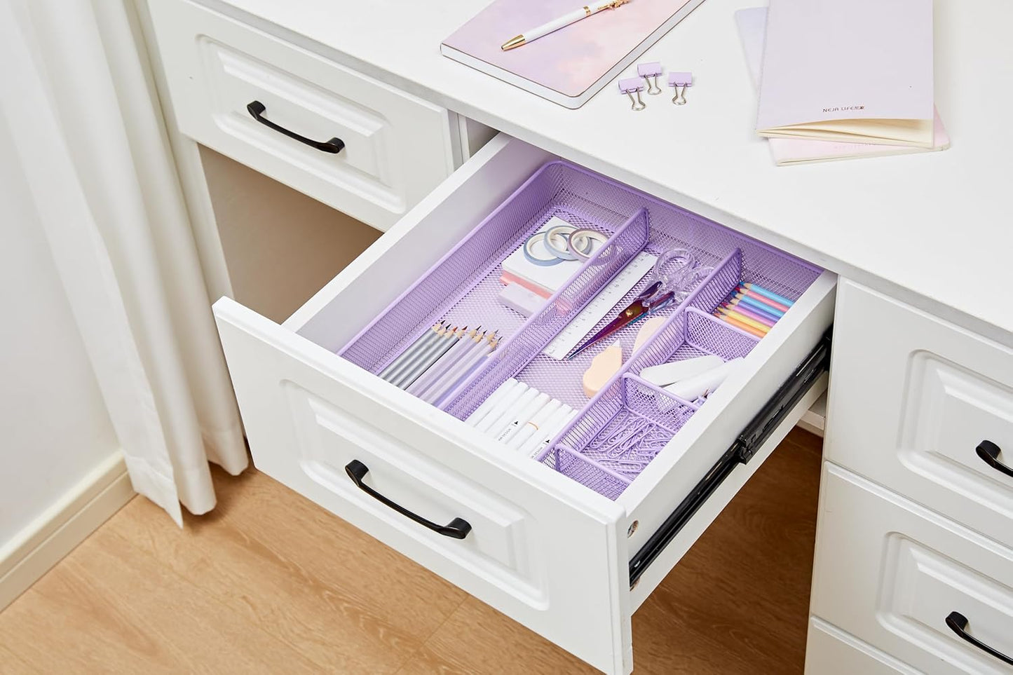 Annova Desk Top Organizer/Storage Tray - Metal Mesh with Dividers for Pens, Desktop Accessories, Bathroom, Kitchen, Makeup and Office Supplies (Large, Light Purple)